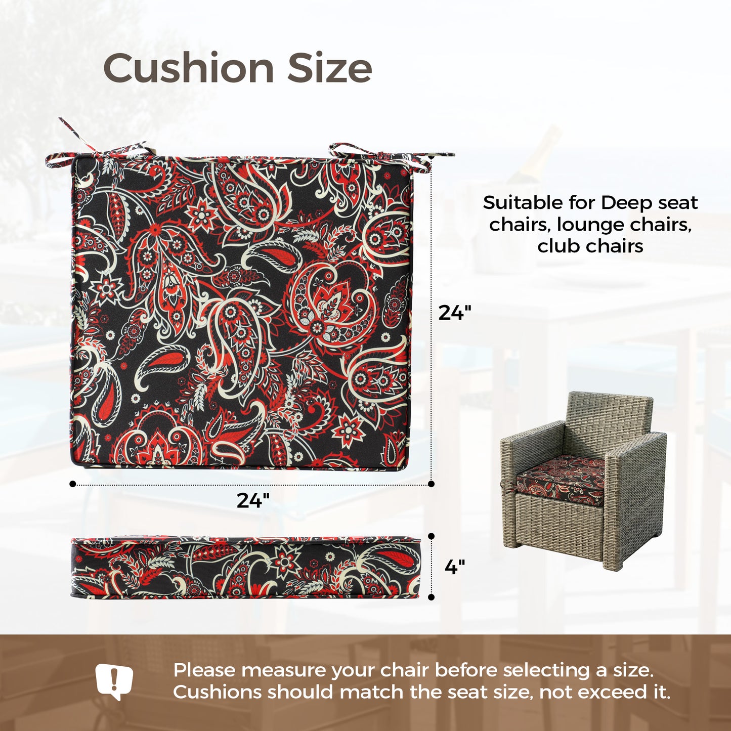 UNIKOME Outdoor Chair Cushions Set of 4, Water Resistant Patio Seat Cushions with Ties for Outdoor Furniture, High-Density Foam, UV & Fade Resistant, Piped Edge – 24" x 24" x 4", Red Paisley Floral