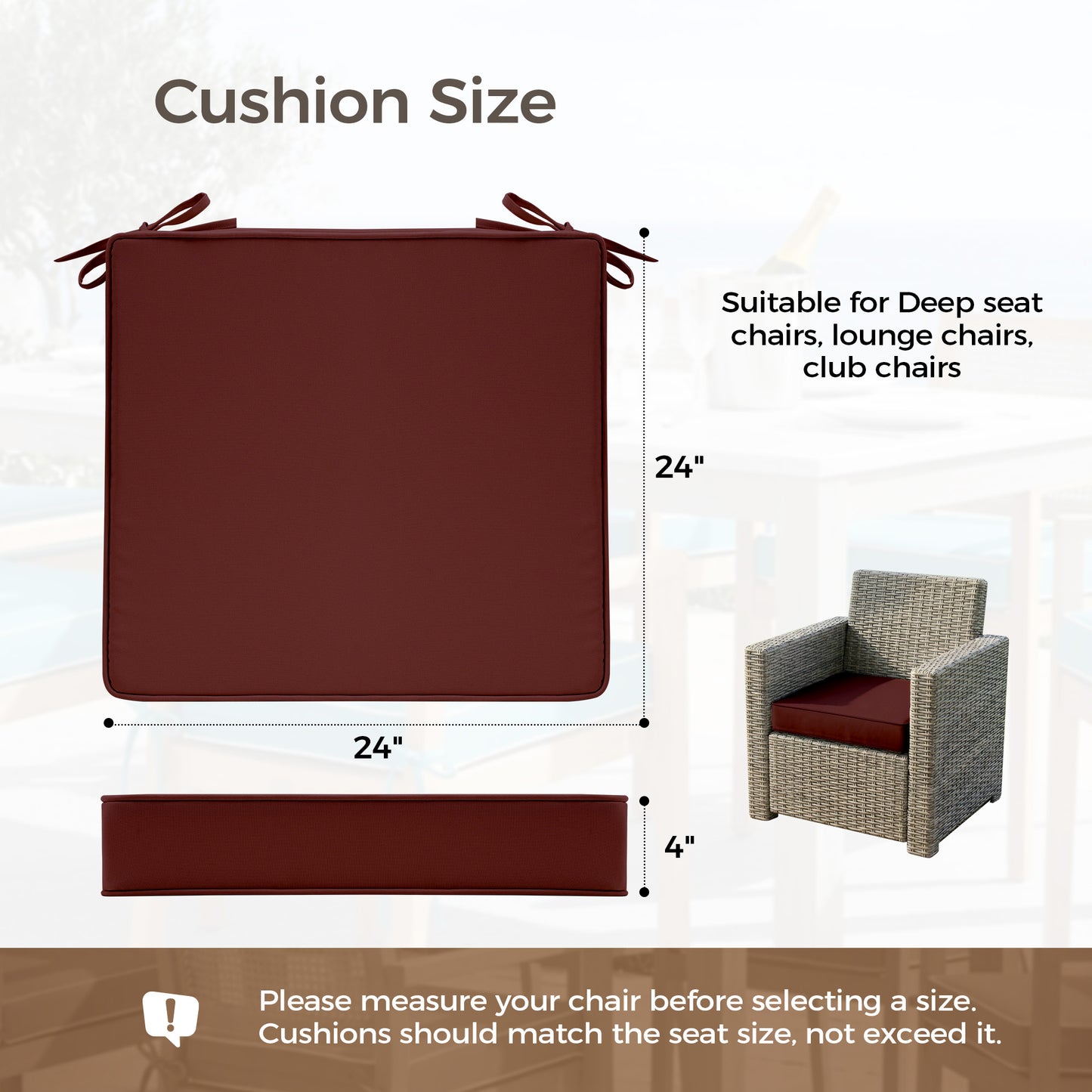 UNIKOME Outdoor Chair Cushions Set of 4, Water Resistant Patio Seat Cushions with Ties for Outdoor Furniture, High-Density Foam, UV & Fade Resistant, Piped Edge – 24" x 24" x 4", Wine Red