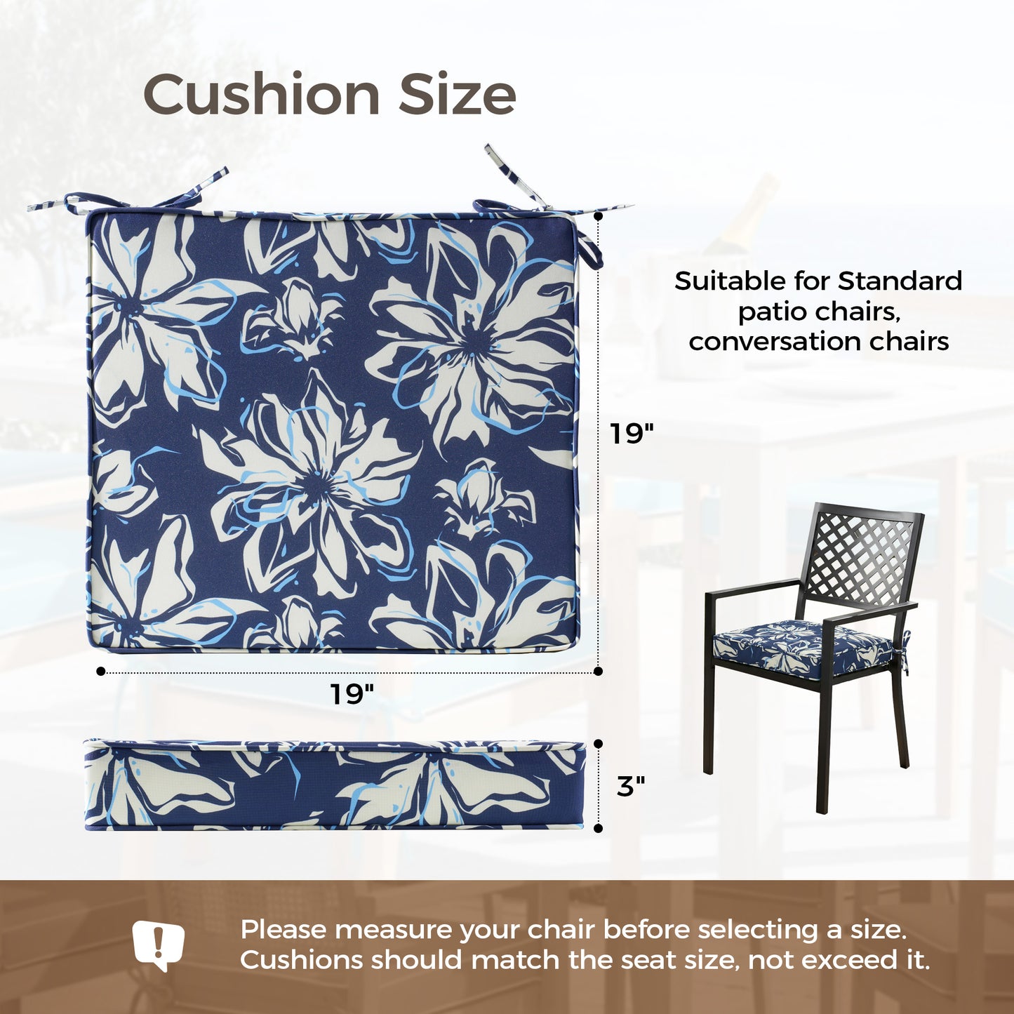UNIKOME Outdoor Chair Cushions Set of 4, Water Resistant Patio Seat Cushions with Ties for Outdoor Furniture, High-Density Foam, UV & Fade Resistant, Piped Edge – 19" x 19" x 3", Blue-White Flower