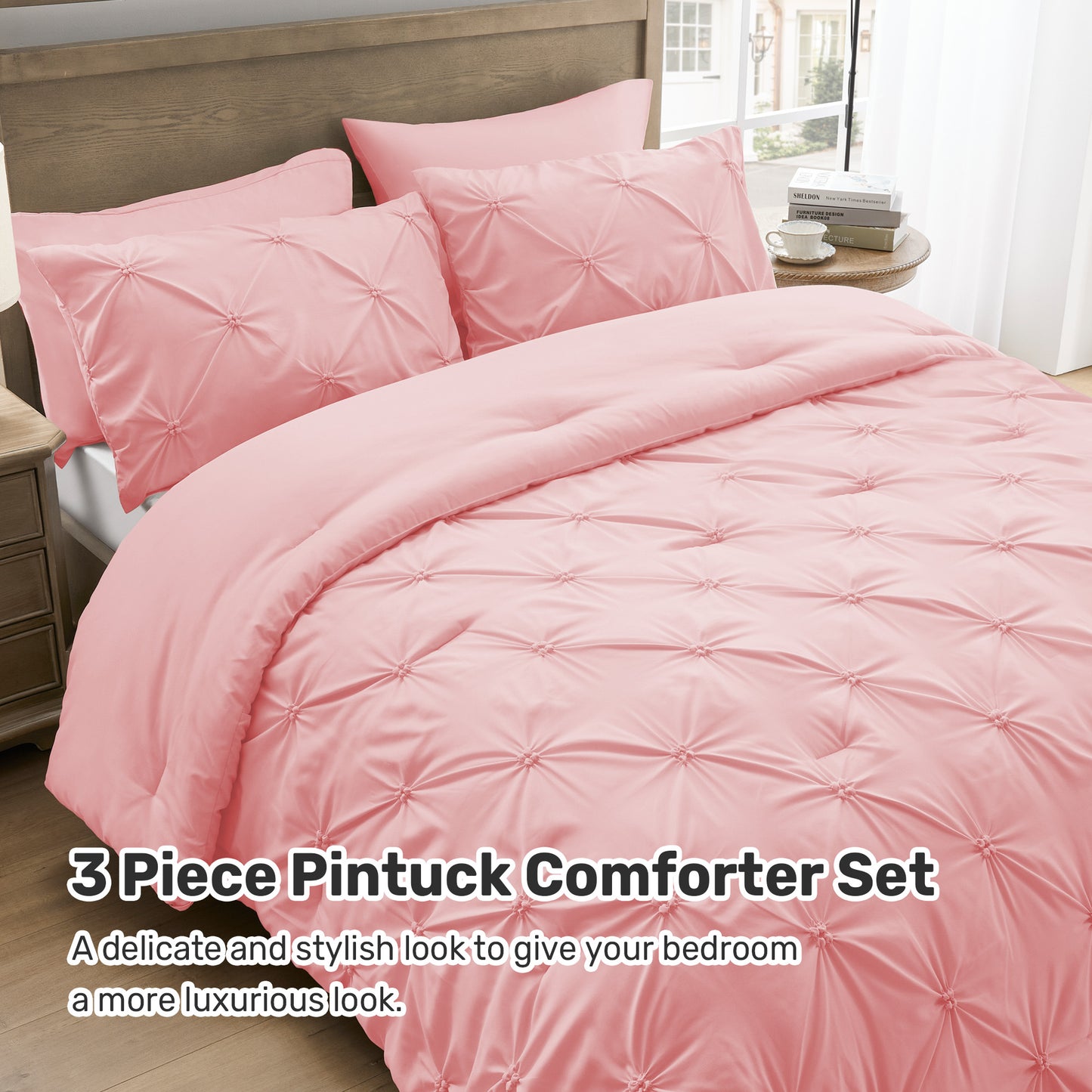 UNIKOME King Size Comforter Set Pink - Ultra Soft Boho Pintuck Down Alternative Bedding Set for Winter, All Seasons, 3 Pieces Lightweight Warm Pinch Pleat Bed Set with Comforter, 2 Pillowcases