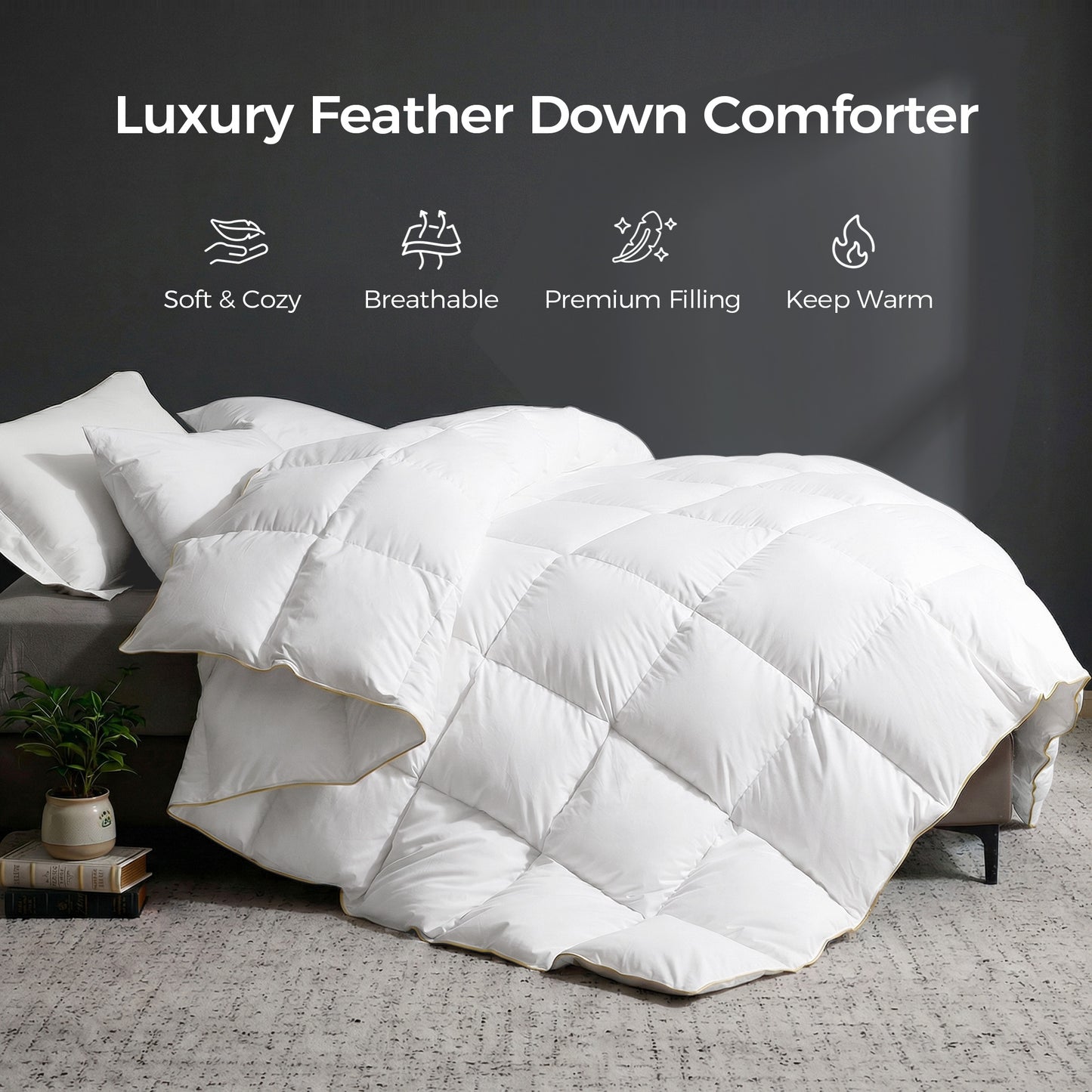 UNIKOME Lightweight Goose Feather Down Fiber Comforter Queen/Full Size, Duvet Insert with Soft Downproof Cover for Summer/Hot Sleepers, Hotel-Luxury Fluffy Bed Comforter (88"X88", White)