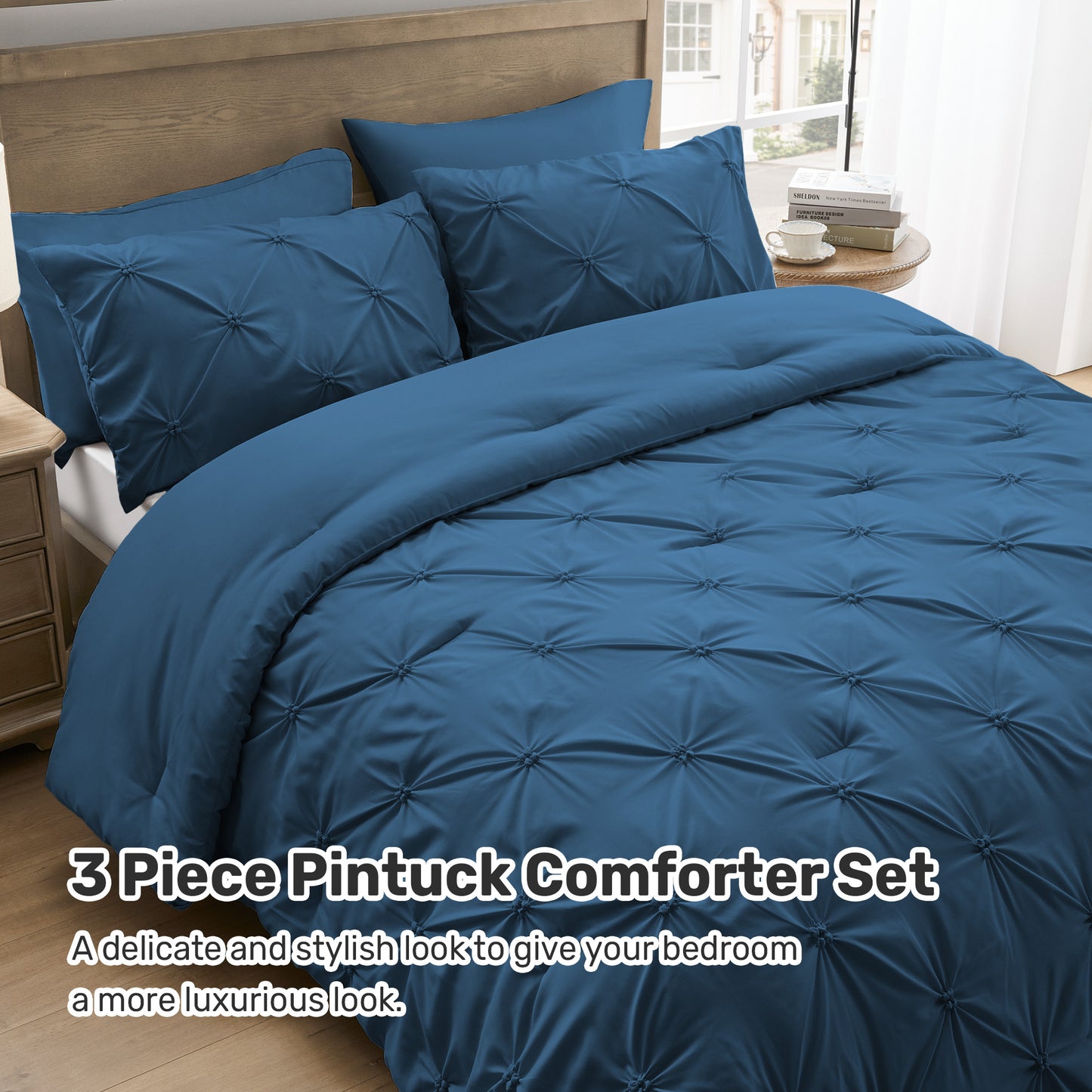 UNIKOME Queen Comforter Set Navy/Royal Blue - Lightweight Soft Pintuck Down Alternative Bedding Set for Summer, All Seasons, 3 Pieces Pinch Pleat Solid Bed Set with Comforter, 2 Pillowcases
