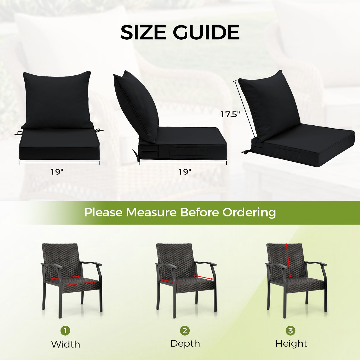 UNIKOME 19x19x3 Inch Outdoor Chair Cushions Set -  Waterproof Patio Cushions for Outdoor Furniture with Removable Cover, Ties & Handle, Deep Seat Patio Cushions for Sofa Couch - Black