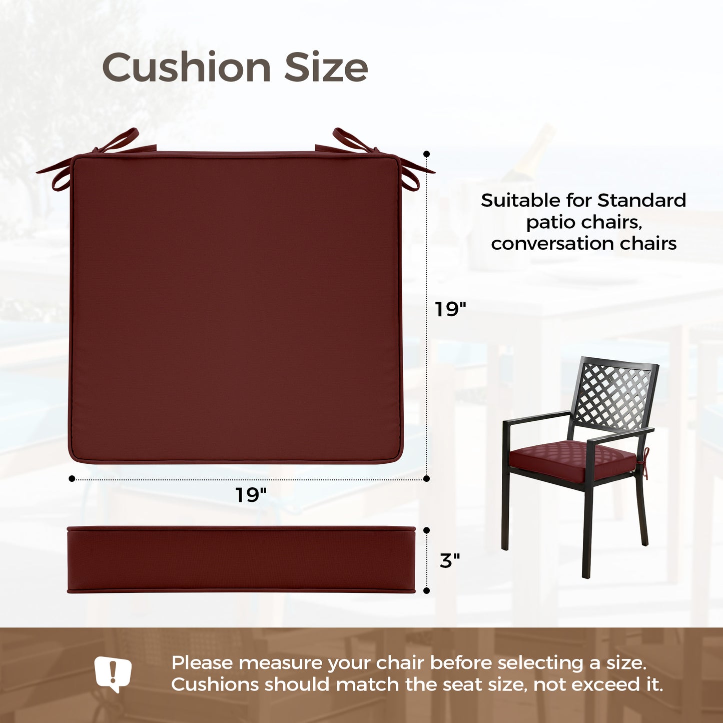 UNIKOME Outdoor Chair Cushions Set of 4, Water Resistant Patio Seat Cushions with Ties for Outdoor Furniture, High-Density Foam, UV & Fade Resistant, Piped Edge – 19" x 19" x 3", Wine Red