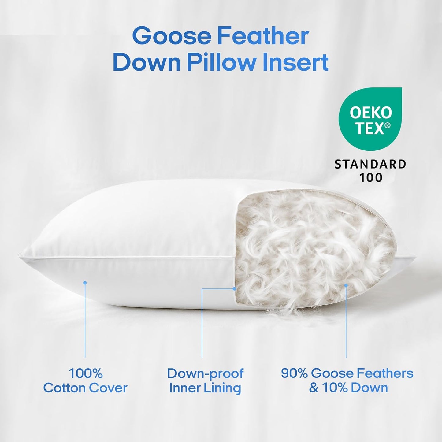 puredown® Cooling Goose Feather Down Pillow, Set of 1, Bed Pillow Insert with Soft Cooling Pillowcase for Cool Sleep