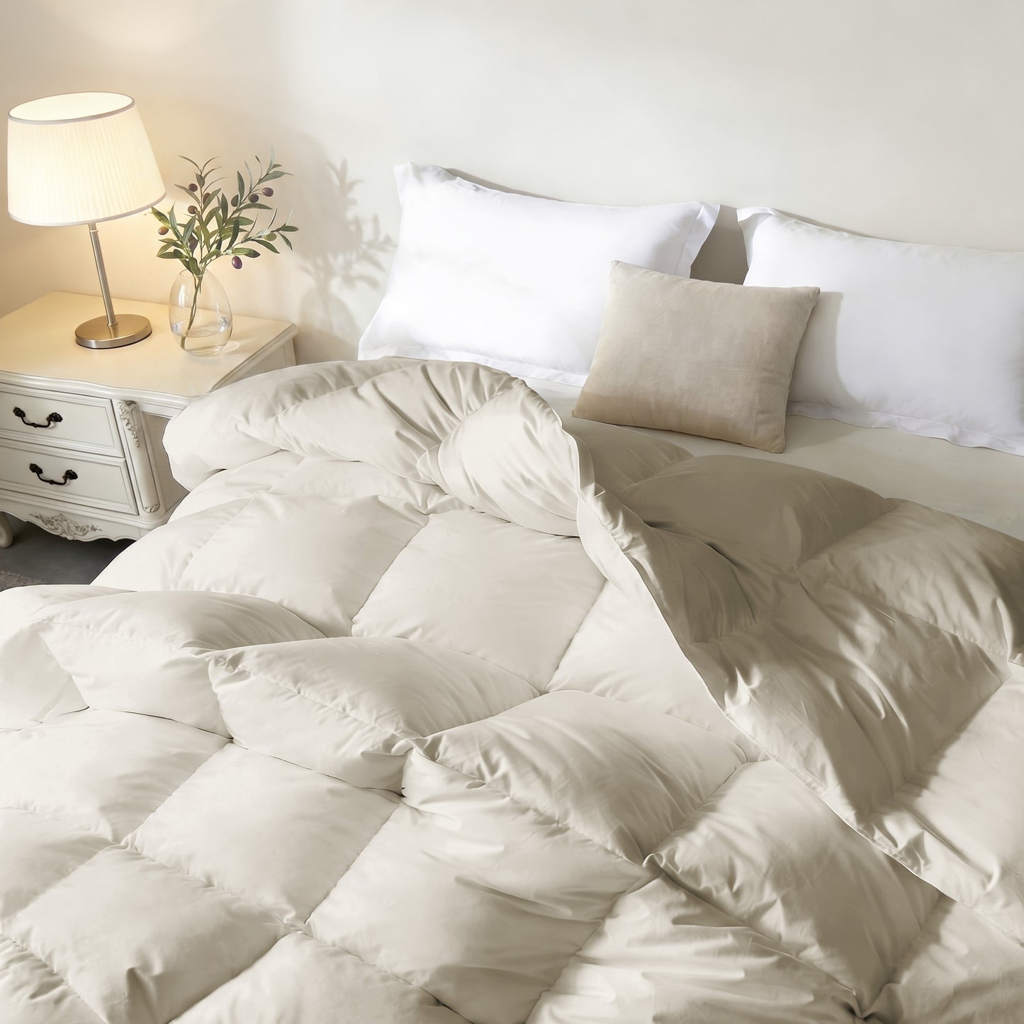 UNIKOME Goose Feather Down Fiber Comforter Twin Size, All Season Hotel Luxury Bedding Comforter, Ultra Soft Fluffy Duvet Insert with Downproof Cover, 8 Corner Loops (Twin, Cream, 68"X88")
