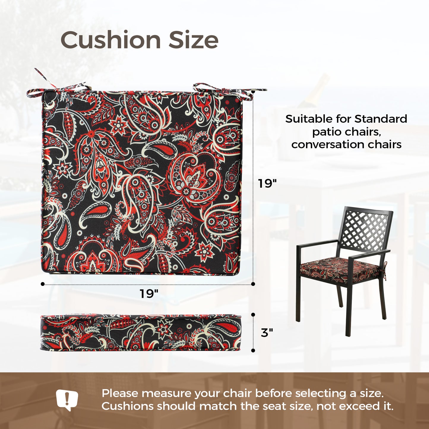 UNIKOME Outdoor Chair Cushions Set of 4, Water Resistant Patio Seat Cushions with Ties for Outdoor Furniture, High-Density Foam, UV & Fade Resistant, Piped Edge – 19" x 19" x 3", Red Paisley Floral