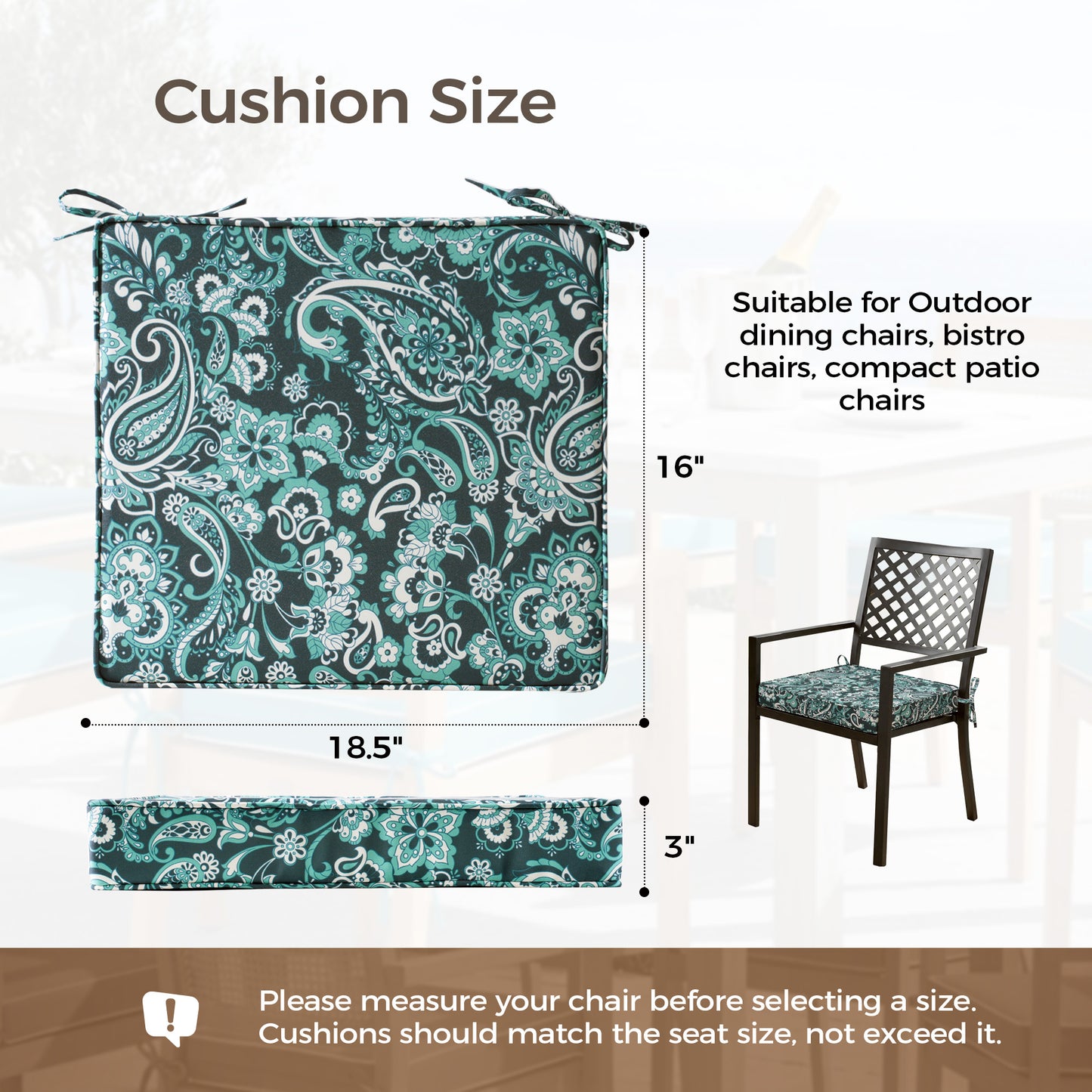 UNIKOME Outdoor Chair Cushions Set of 4, Water Resistant Patio Seat Cushions with Ties for Outdoor Furniture, High-Density Foam, UV & Fade Resistant, Piped Edge – 18.5" x 16" x 3", Boho Teal Paisley