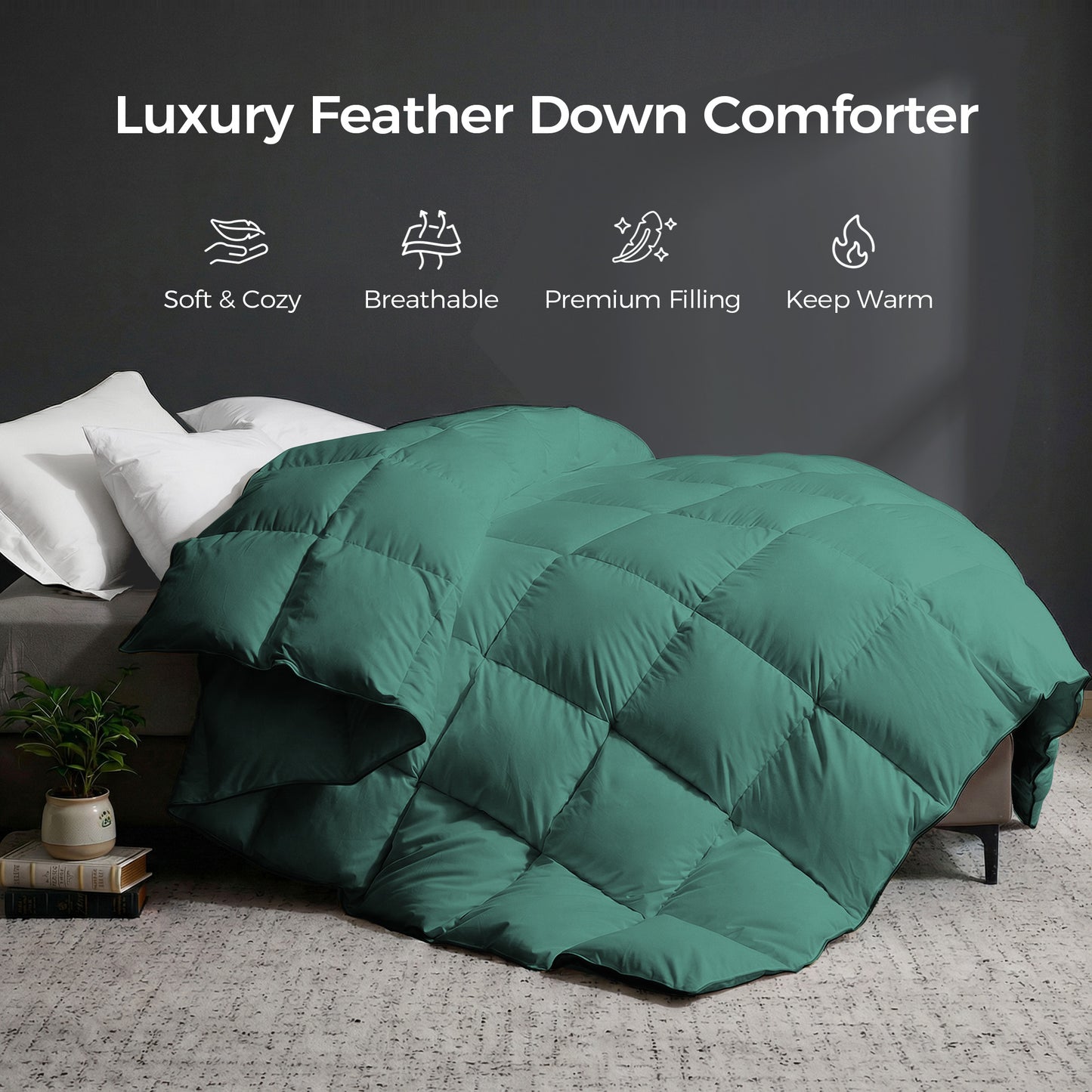 UNIKOME Lightweight Goose Feather Down Fiber Comforter California King, Duvet Insert with Soft Downproof Cover for Summer/Hot Sleepers, Hotel-Luxury Fluffy Bed Comforter (108"X94", Green)