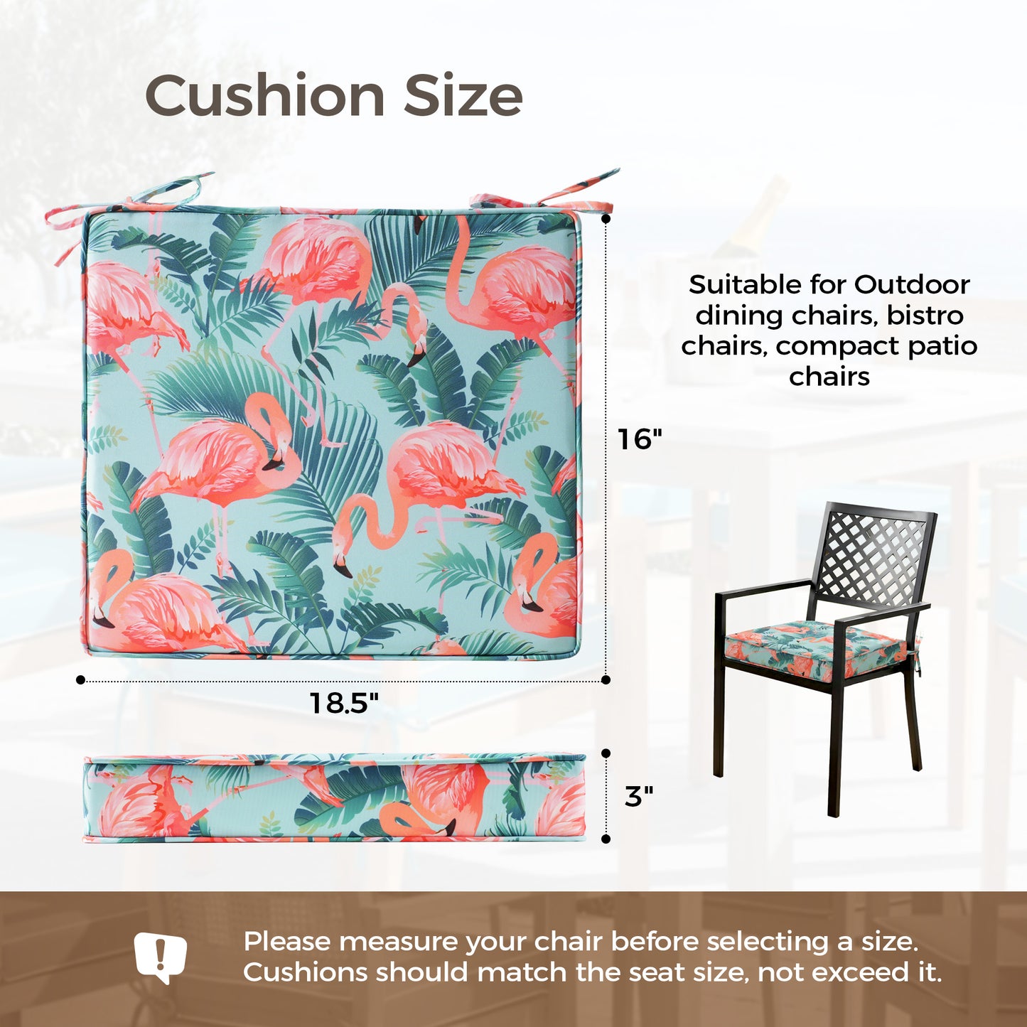 UNIKOME Outdoor Chair Cushions Set of 4, Water Resistant Patio Seat Cushions with Ties for Outdoor Furniture, High-Density Foam, UV & Fade Resistant, Piped Edge – 18.5" x 16" x 3", Flamingos