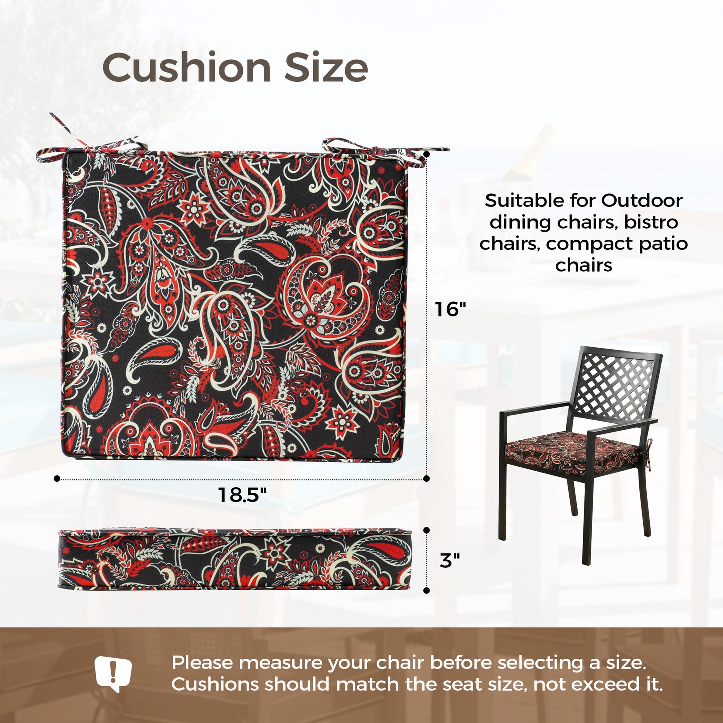 UNIKOME Outdoor Chair Cushions Set of 4, Water Resistant Patio Seat Cushions with Ties for Outdoor Furniture, High-Density Foam, UV & Fade Resistant, Piped Edge – 18.5" x 16" x 3", Red Paisley Floral