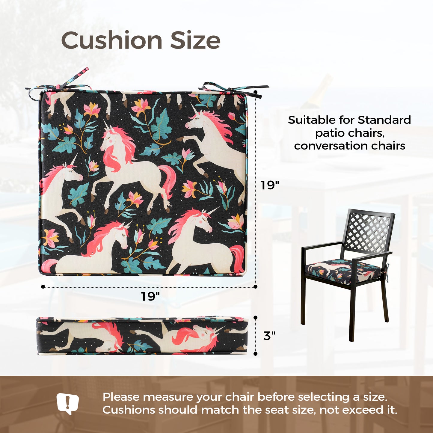 UNIKOME Outdoor Chair Cushions Set of 4, Water Resistant Patio Seat Cushions with Ties for Outdoor Furniture, High-Density Foam, UV & Fade Resistant, Piped Edge – 19" x 19" x 3", Unicorn