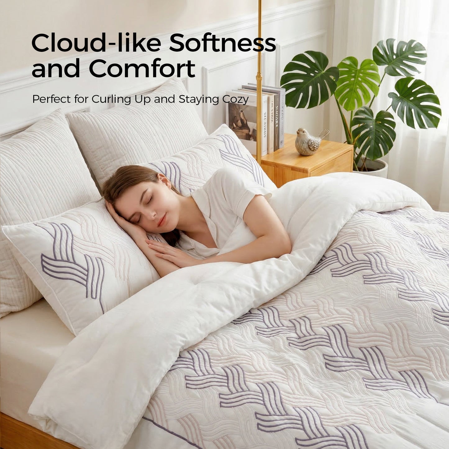 UNIKOME Queen Comforter Set White - Luxury Rope Embroidery Ultra Soft Lightweight Warm Bedding Set for All Seasons, 3 Pieces Down Alternative Bed Set with Comforter, 2 Pillowcases