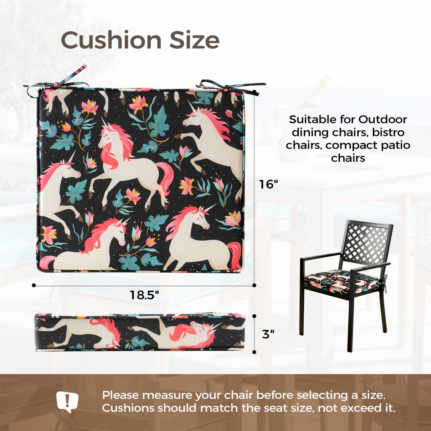 UNIKOME Outdoor Chair Cushions Set of 4, Water Resistant Patio Seat Cushions with Ties for Outdoor Furniture, High-Density Foam, UV & Fade Resistant, Piped Edge – 18.5" x 16" x 3", Unicorn