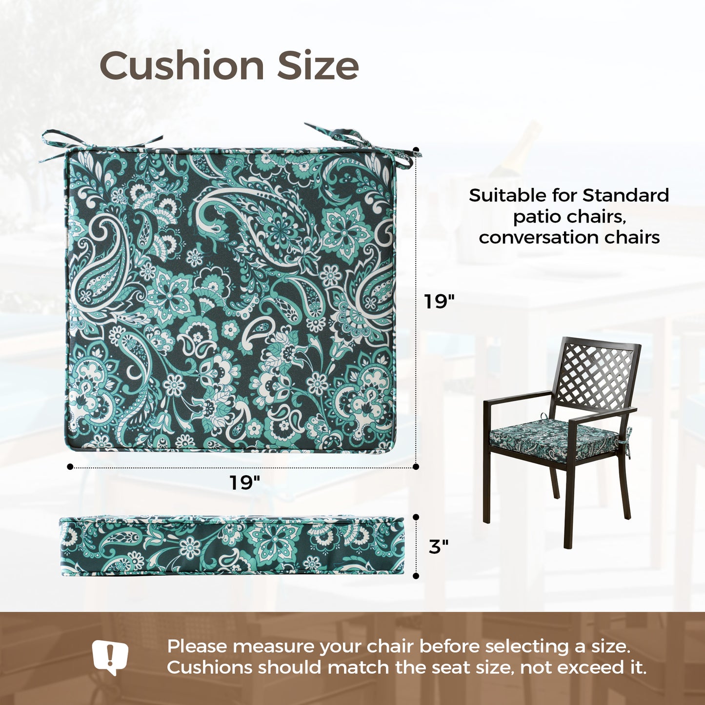 UNIKOME Outdoor Chair Cushions Set of 4, Water Resistant Patio Seat Cushions with Ties for Outdoor Furniture, High-Density Foam, UV & Fade Resistant, Piped Edge – 19" x 19" x 3", Boho Teal Paisley