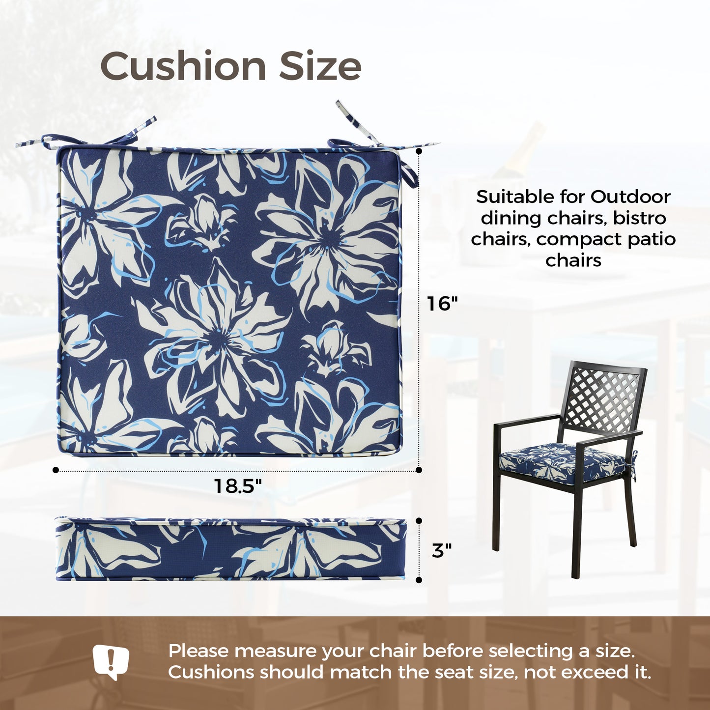 UNIKOME Outdoor Chair Cushions Set of 4, Water Resistant Patio Seat Cushions with Ties for Outdoor Furniture, High-Density Foam, UV & Fade Resistant, Piped Edge – 18.5" x 16" x 3", Blue-White Flower