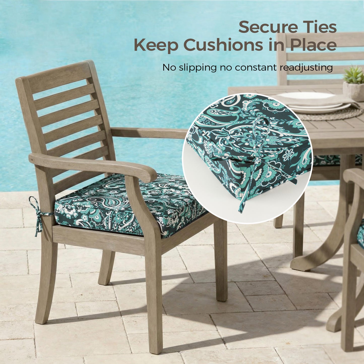 UNIKOME Outdoor Chair Cushions Set of 4, Water Resistant Patio Seat Cushions with Ties for Outdoor Furniture, High-Density Foam, UV & Fade Resistant, Piped Edge – 18.5" x 16" x 3", Boho Teal Paisley