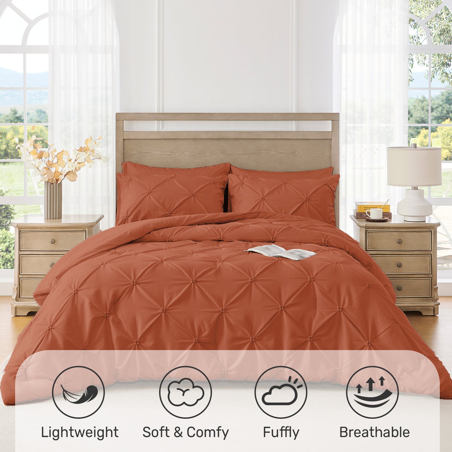 UNIKOME King Size Comforter Set Burnt Orange - Lightweight Soft Pintuck Down Alternative Bedding Set for Summer, All Seasons, 3 Pieces Pinch Pleat Solid Bed Set with Comforter, 2 Pillowcases