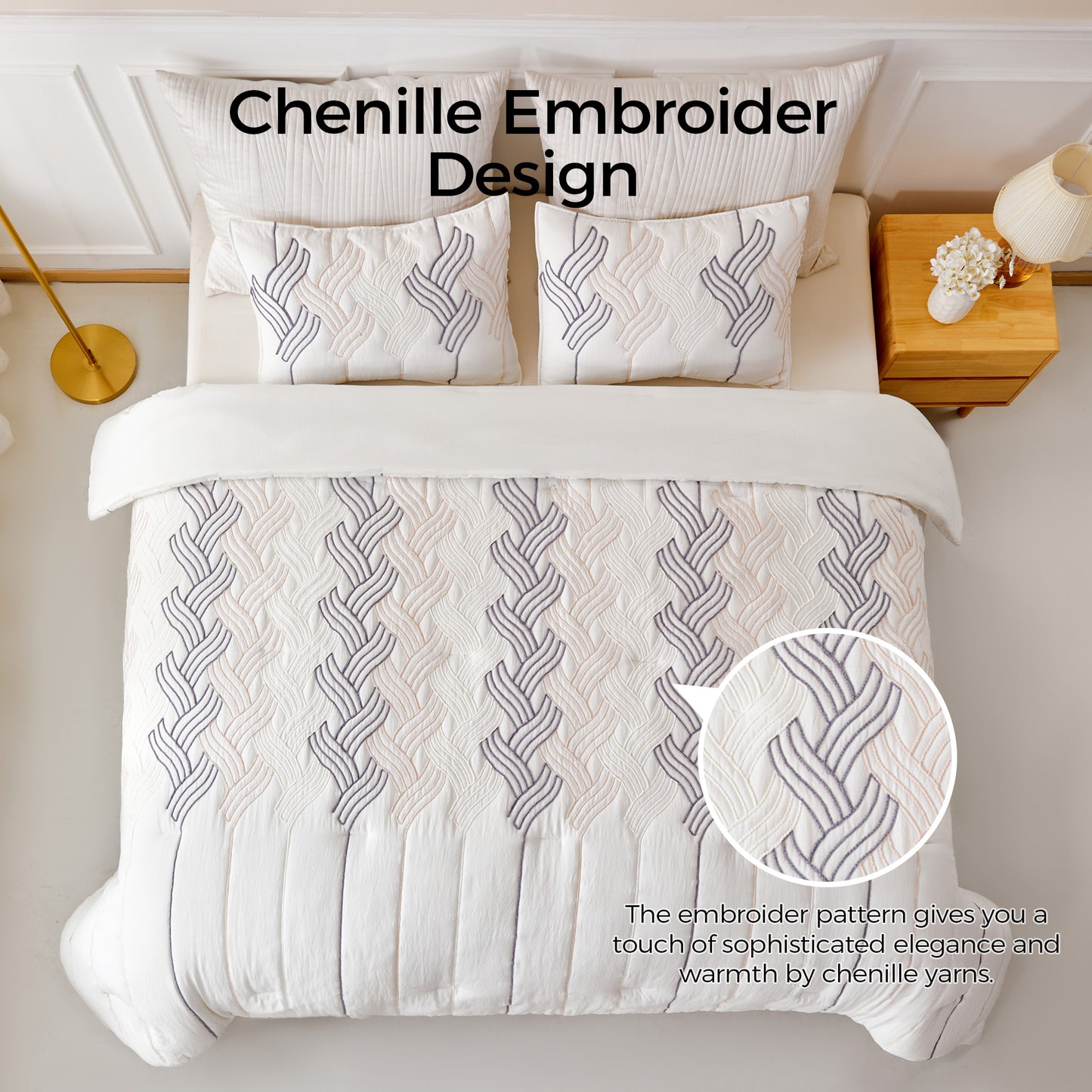 UNIKOME Queen Comforter Set White - Luxury Rope Embroidery Ultra Soft Lightweight Warm Bedding Set for All Seasons, 3 Pieces Down Alternative Bed Set with Comforter, 2 Pillowcases