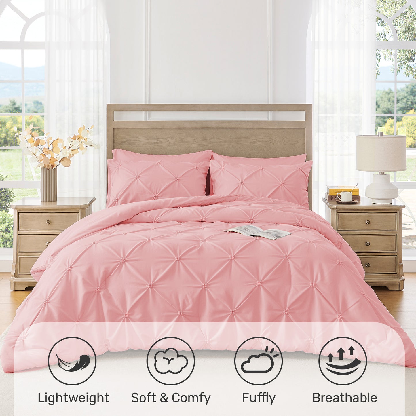 UNIKOME King Size Comforter Set Pink - Ultra Soft Boho Pintuck Down Alternative Bedding Set for Winter, All Seasons, 3 Pieces Lightweight Warm Pinch Pleat Bed Set with Comforter, 2 Pillowcases