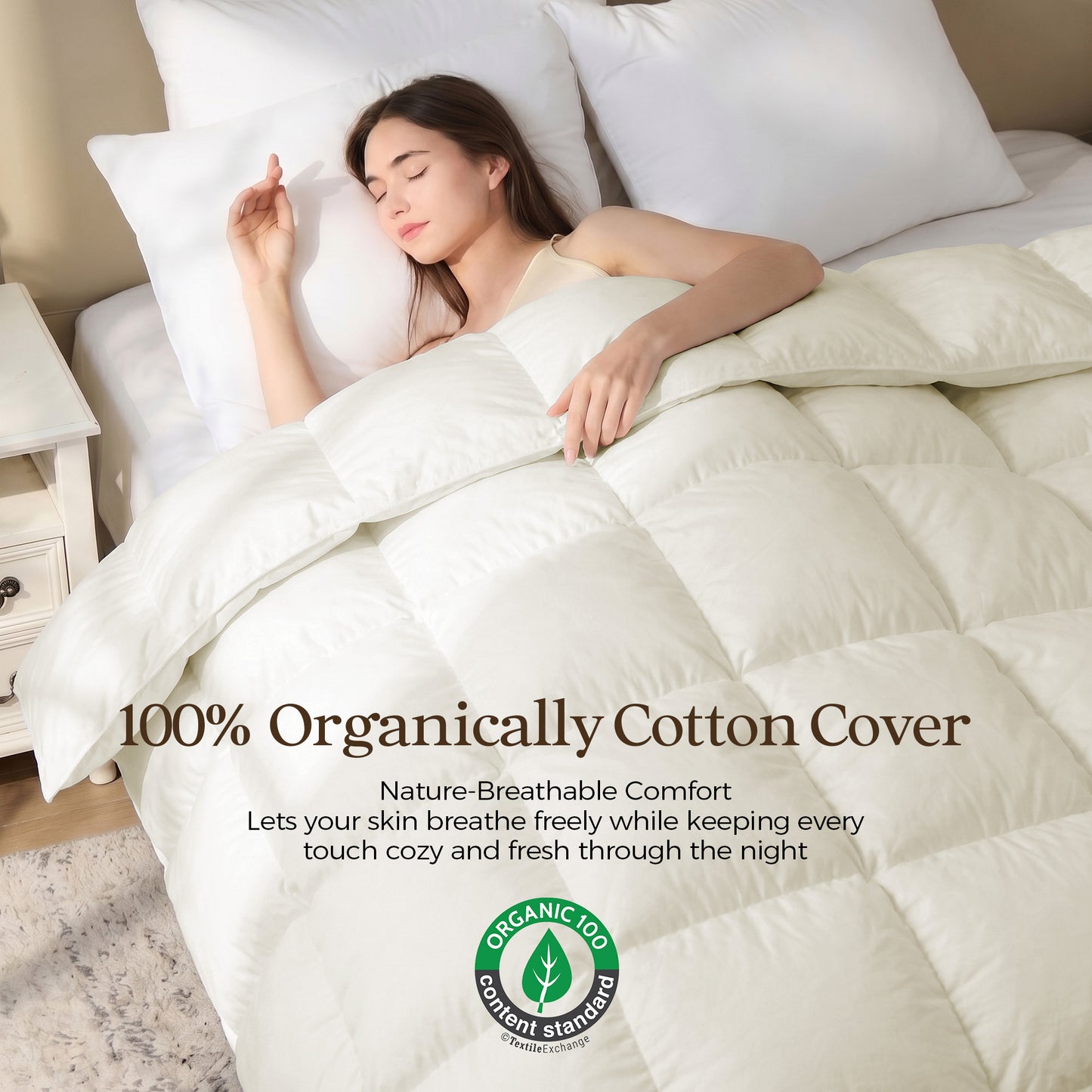UNIKOME All Season Goose Feather Down Fiber Comforter Twin Size - 100% Organic Cotton Cover Natural Breathable Duvet Insert, 750+ Fill Power, Hotel Luxury Bedding Comforter (68"x88")