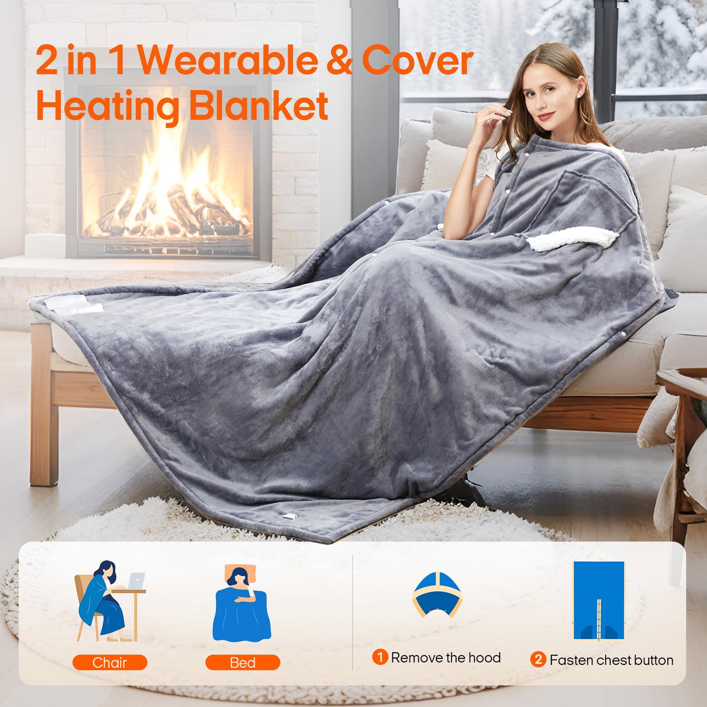 UNIKOME 2 in 1 Wearable & Cover Electric Heated Blanket,50 x 60 Inch, Grey