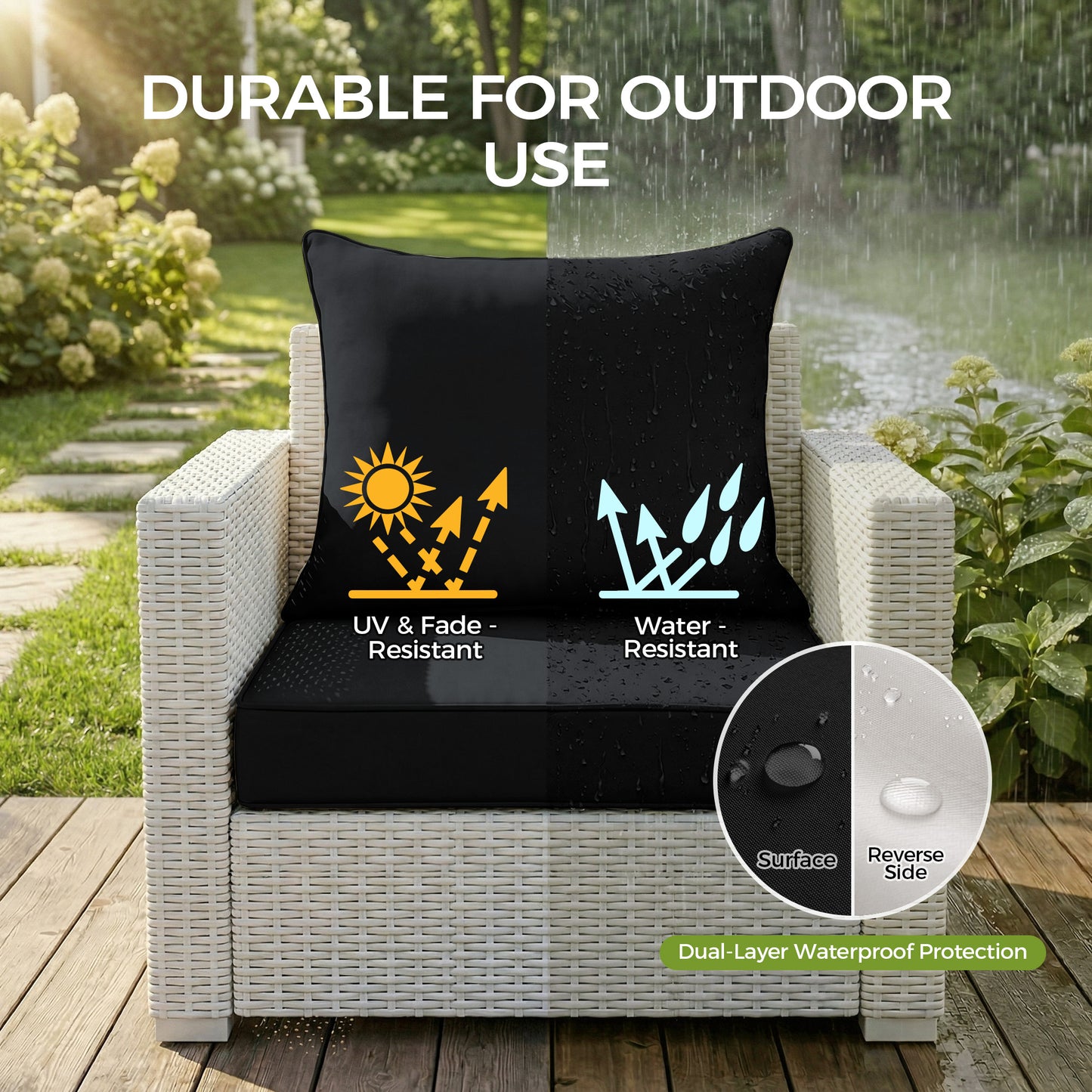 UNIKOME 19x19x3 Inch Outdoor Chair Cushions Set -  Waterproof Patio Cushions for Outdoor Furniture with Removable Cover, Ties & Handle, Deep Seat Patio Cushions for Sofa Couch - Black