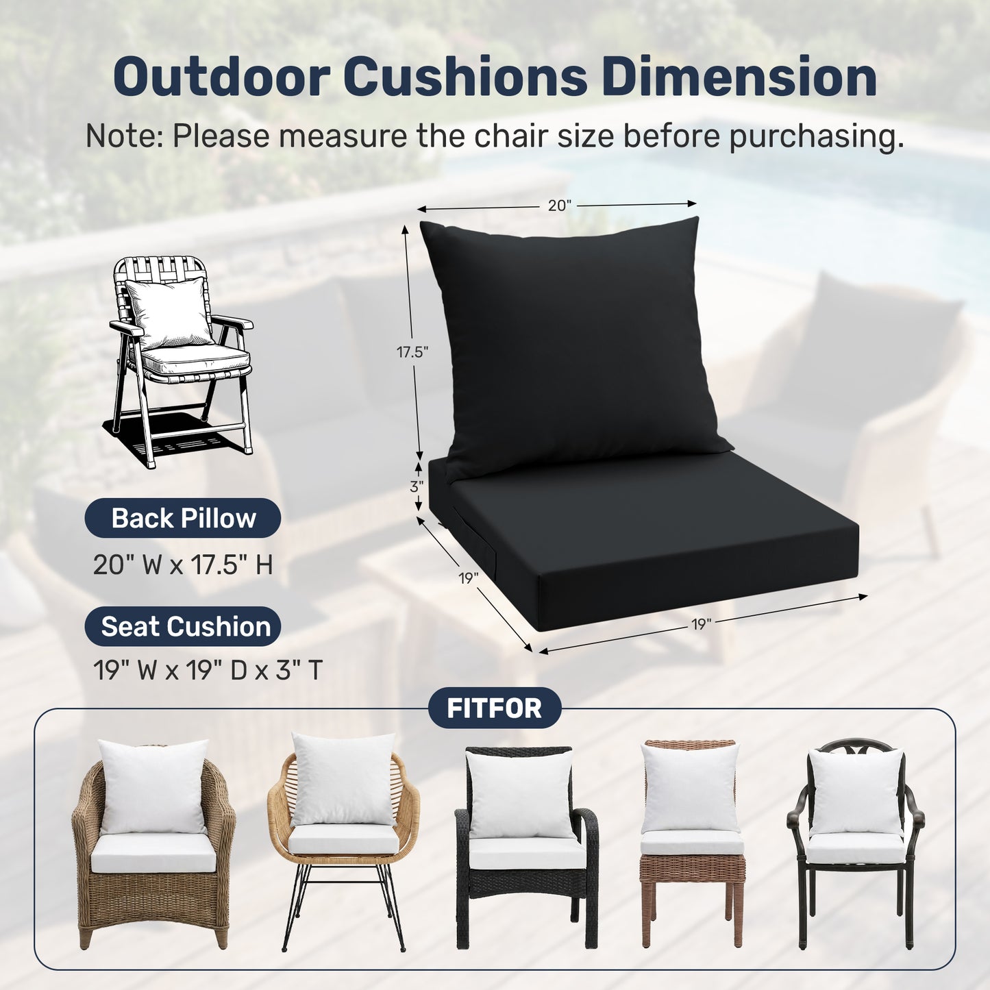 UNIKOME Outdoor Seat Cushions 24 X 24 Inch - Removable Cover, Fade Resistant & Water-resistant Patio Furniture Cushions for Chair, Sofa, Couch, Wicker