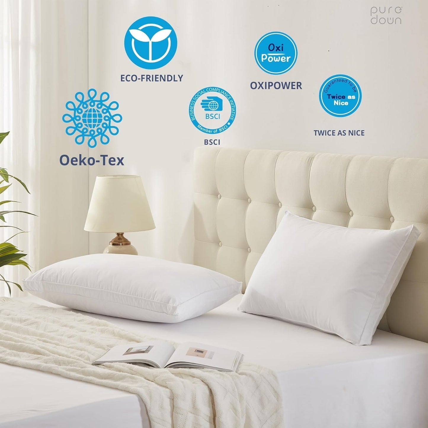 puredown® Goose Feather Down Pillows, Gusseted Bed Pillows for Sleeping 100% Cotton Cover, Set of 2