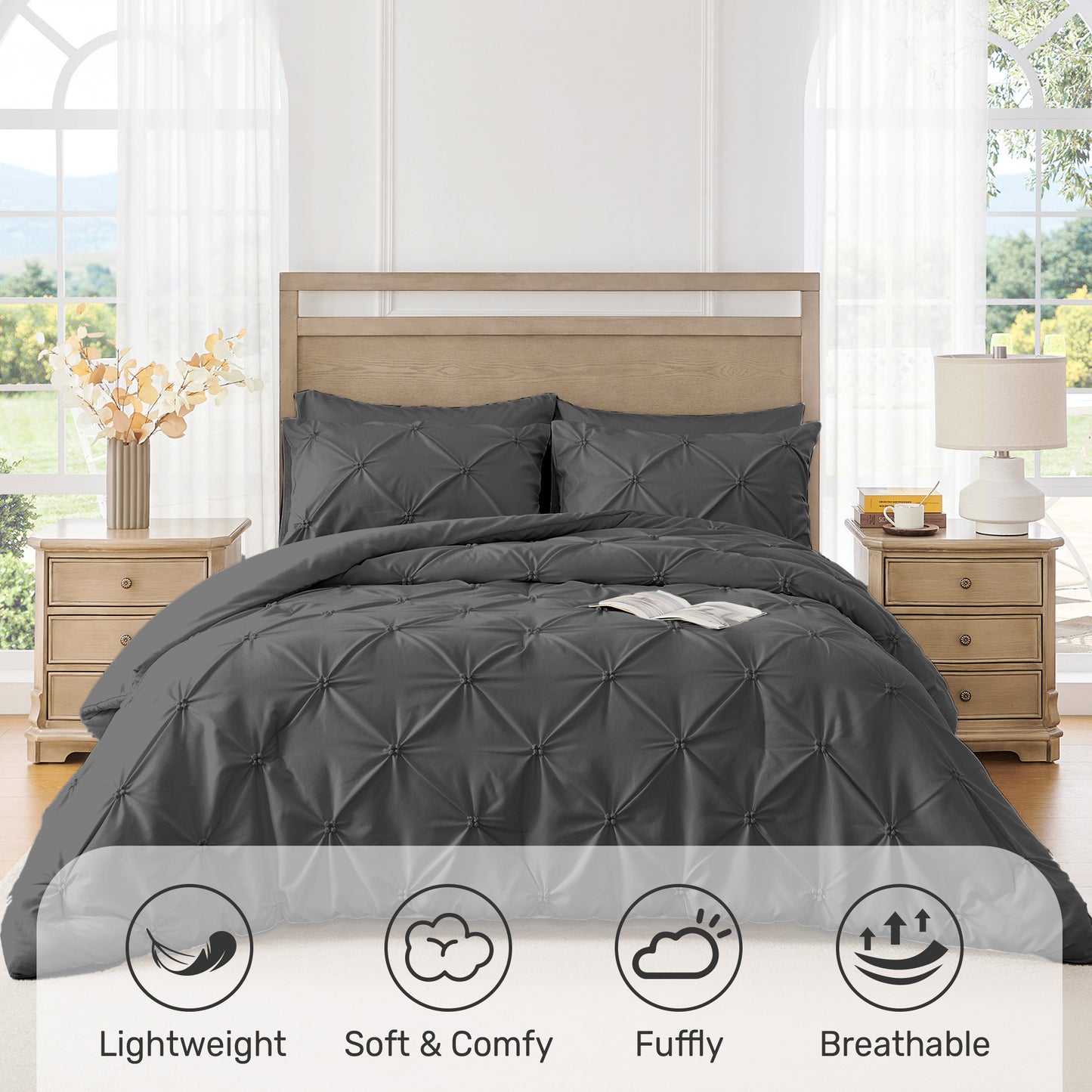 UNIKOME King Comforter Set Dark Gray - Ultra Soft Boho Pintuck Down Alternative Bedding Set for Winter, All Seasons, 3 Pieces Lightweight Warm Pinch Pleat Bed Set with Comforter, 2 Pillowcases