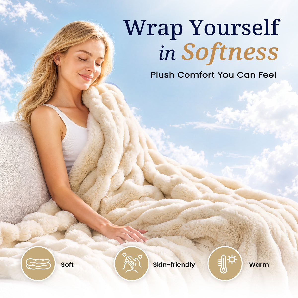 puredown®Faux Rabbit Fur Bubble Throw Blanket for Couch, Beige