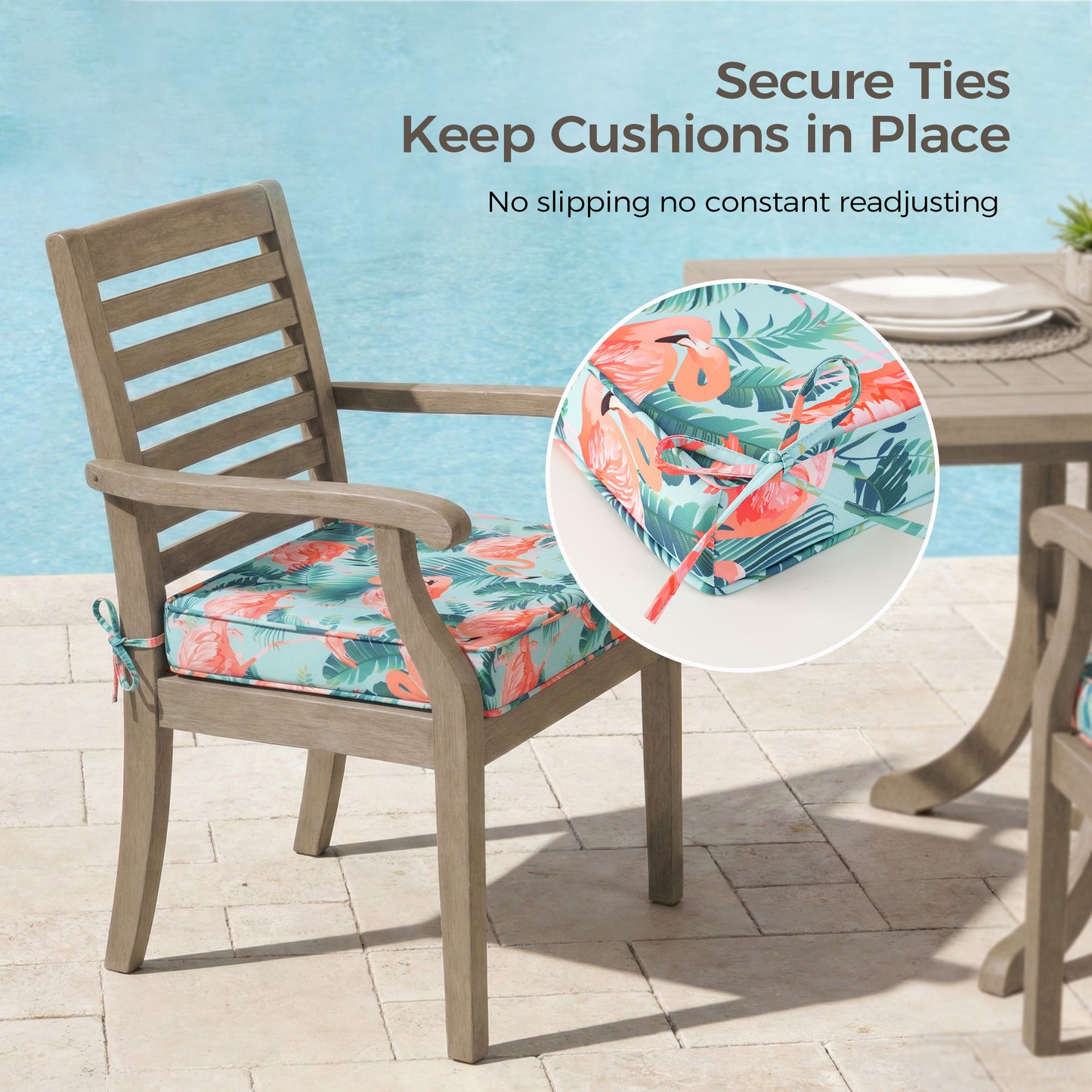 UNIKOME Outdoor Chair Cushions Set of 4, Water Resistant Patio Seat Cushions with Ties for Outdoor Furniture, High-Density Foam, UV & Fade Resistant, Piped Edge – 18.5" x 16" x 3", Flamingos