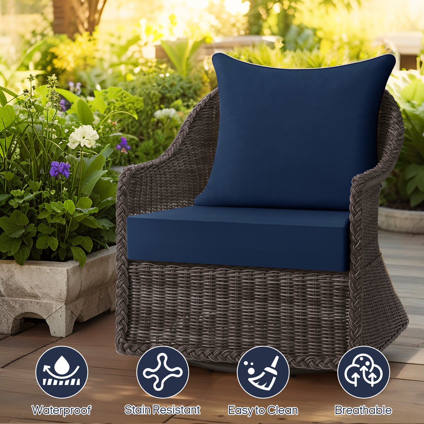UNIKOME Outdoor Seat Cushions 22 X 24 X 4 Inch, Waterproof & Fade Resistant Patio Furniture Replacement Cushions with Removable Cover for Chair, Sofa, Couch, Wicker, Navy Blue