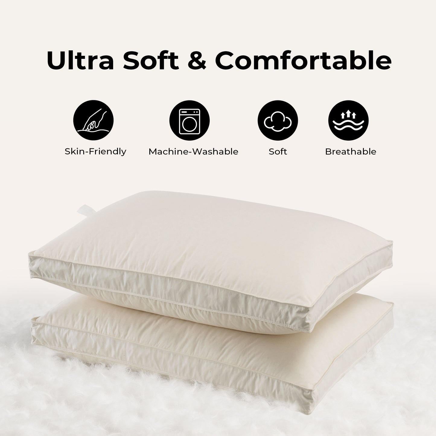 UNIKOME White Goose Down Feather Gusseted Pillows - 100% Organic Cotton Cover - Queen Size Pillow Set of 2, Made in Japan Pillow for Sleeping