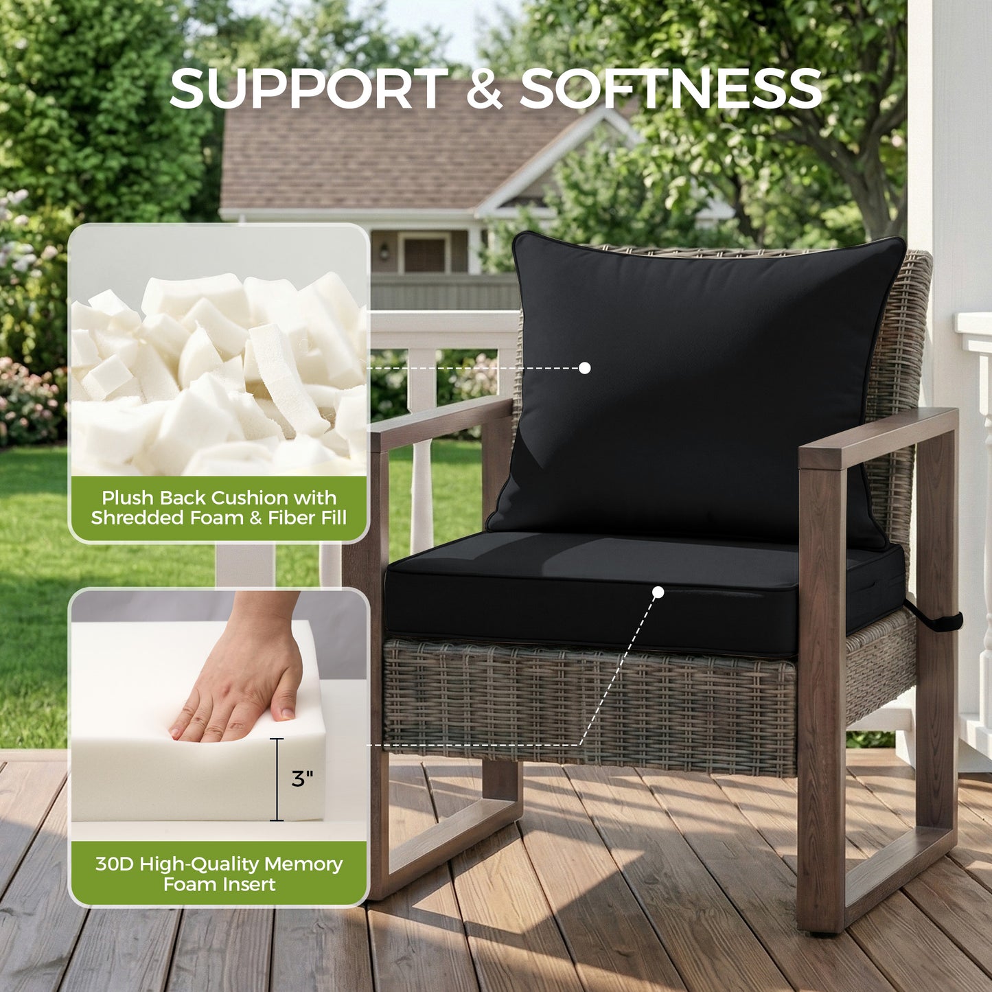UNIKOME 19x19x3 Inch Outdoor Chair Cushions Set -  Waterproof Patio Cushions for Outdoor Furniture with Removable Cover, Ties & Handle, Deep Seat Patio Cushions for Sofa Couch - Black
