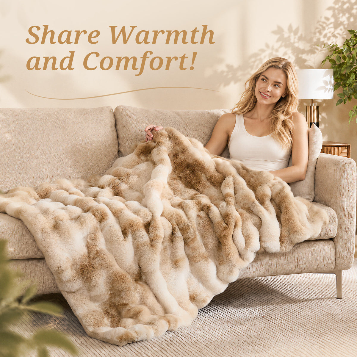 puredown®Faux Rabbit Fur Thick Throw Blanket for Couch, 1120GSM Tie-Dye Beige, Soft Thick Luxury Fluffy Cozy Blanket for Couch Sofa Bed, Warm Decorative Throw Blanket for Home Decor