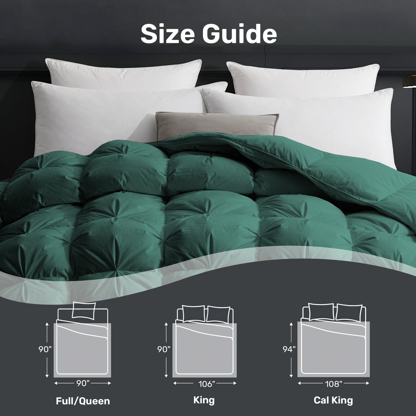 UNIKOME Queen Size Goose Feather Down Comforter - Pinch Pleat All Season Duvet Insert, 20% Extra Fill, 90oz, Cloud-Like Fluffy Hotel Luxury Green Comforter with 100% Cotton Cover (90" X 90")