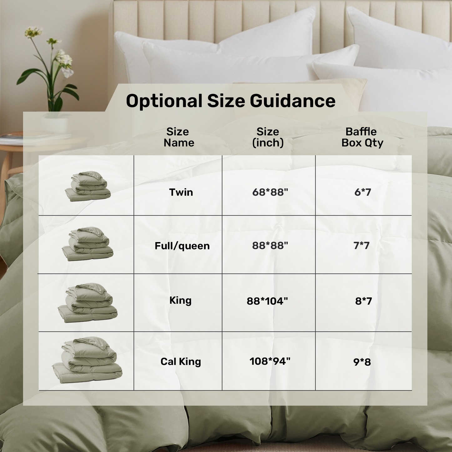 UNIKOME California Size Goose Feather Down Fiber Comforter, All Season Duvet Insert with Soft Downproof Cover, Fluffy Hotel Collection Bed Comforter with Corner Tabs (Sage Green, 108" X 94")