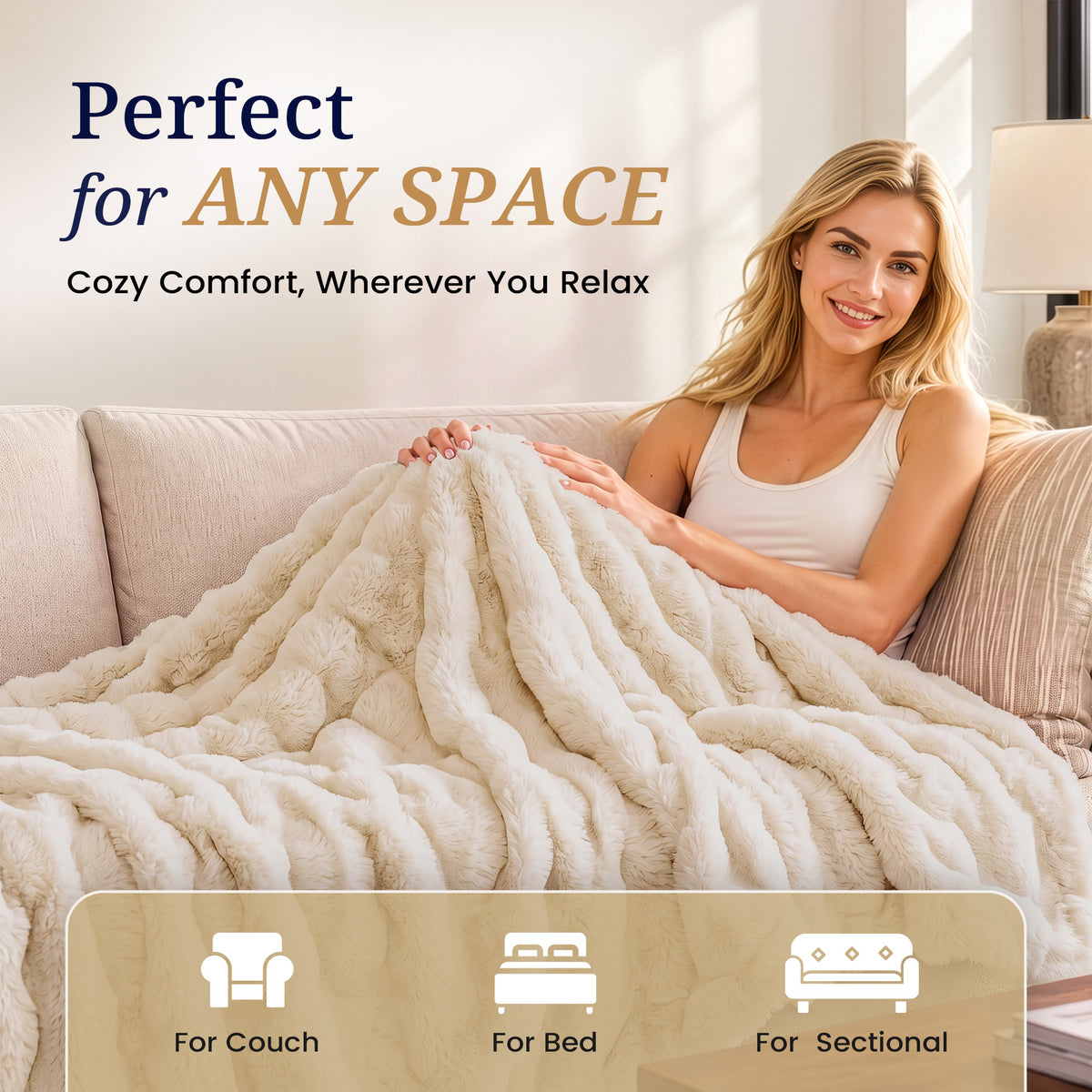 puredown®Faux Rabbit Fur Bubble Throw Blanket for Couch, Beige