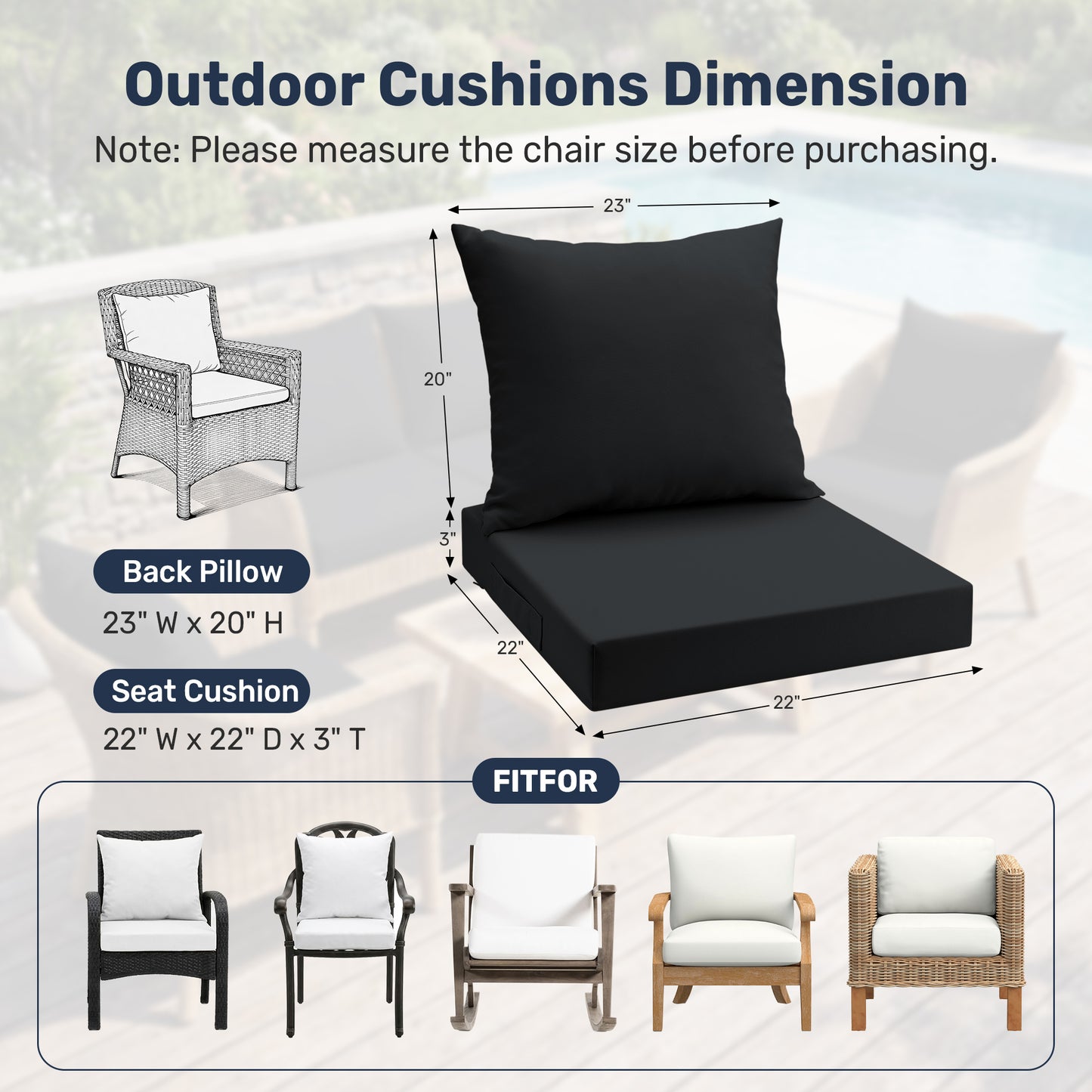 UNIKOME Outdoor Seat Cushions 24 X 24 Inch - Removable Cover, Fade Resistant & Water-resistant Patio Furniture Cushions for Chair, Sofa, Couch, Wicker