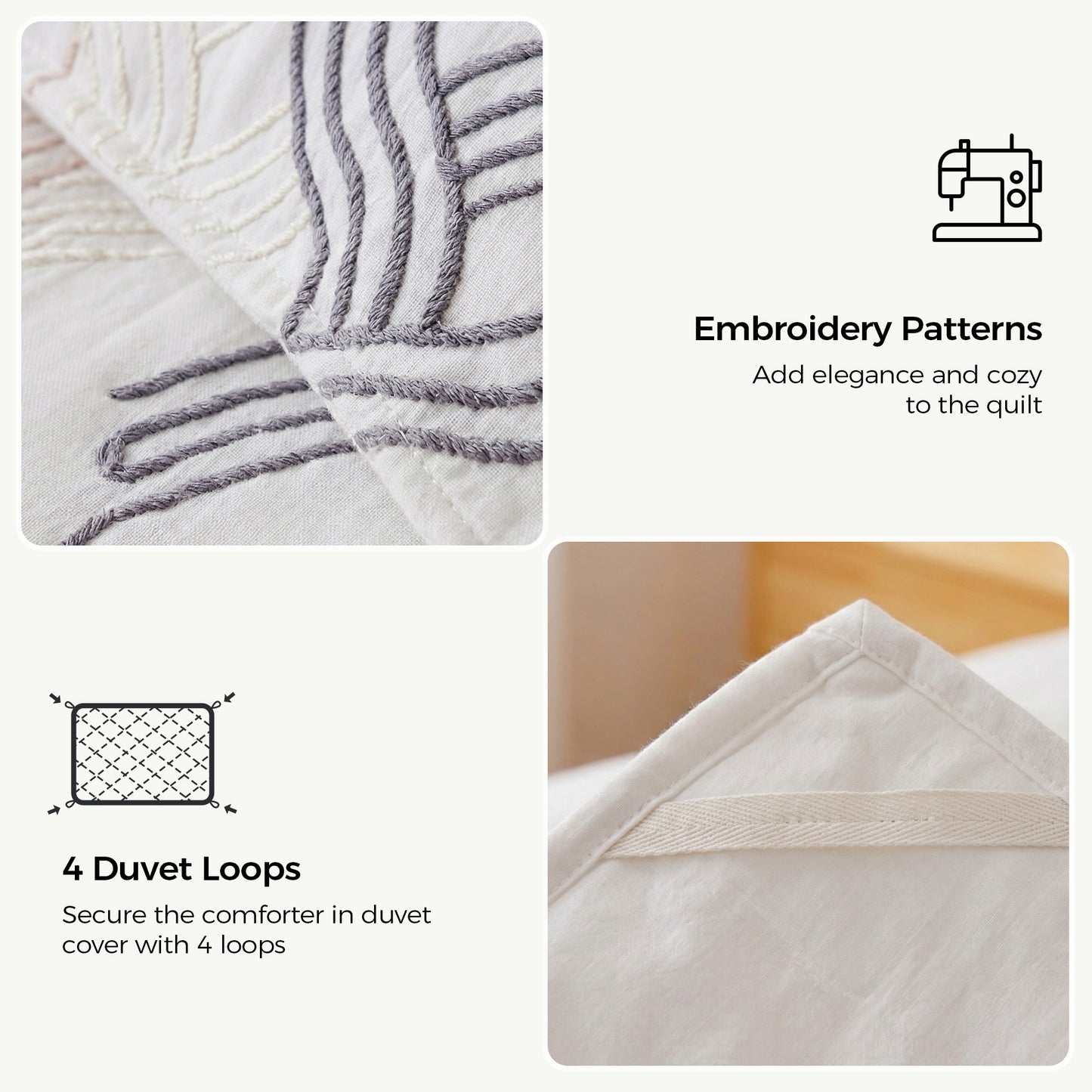 UNIKOME Queen Comforter Set White - Luxury Rope Embroidery Ultra Soft Lightweight Warm Bedding Set for All Seasons, 3 Pieces Down Alternative Bed Set with Comforter, 2 Pillowcases