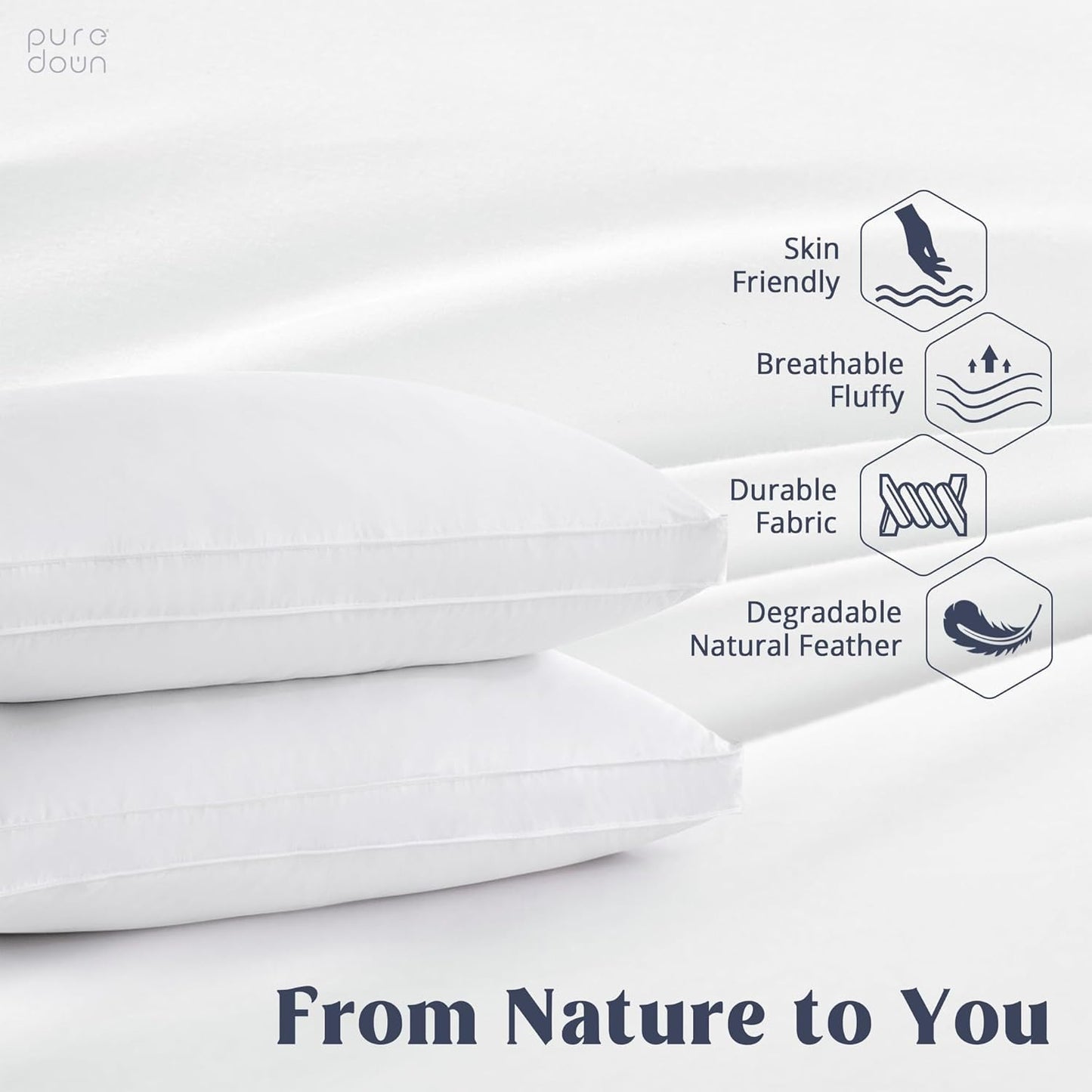 puredown® Goose Feather Down Pillows, Gusseted Bed Pillows for Sleeping 100% Cotton Cover, Set of 2 King Size