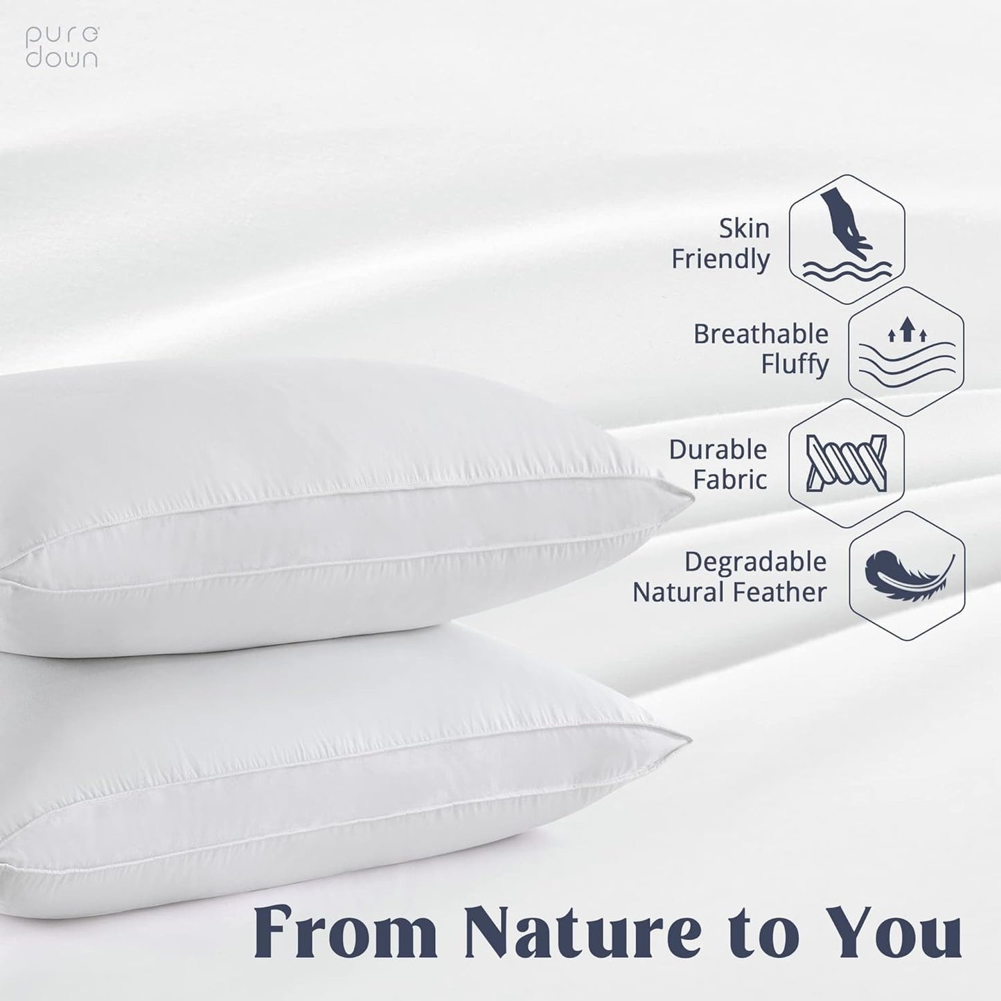 puredown® Goose Feather Down Sleeping Pillows Soft Bed Pillows for Sleeping with 100% Cotton Shell Set of 2 King Size