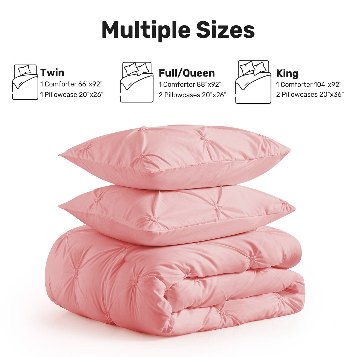 UNIKOME King Size Comforter Set Pink - Ultra Soft Boho Pintuck Down Alternative Bedding Set for Winter, All Seasons, 3 Pieces Lightweight Warm Pinch Pleat Bed Set with Comforter, 2 Pillowcases