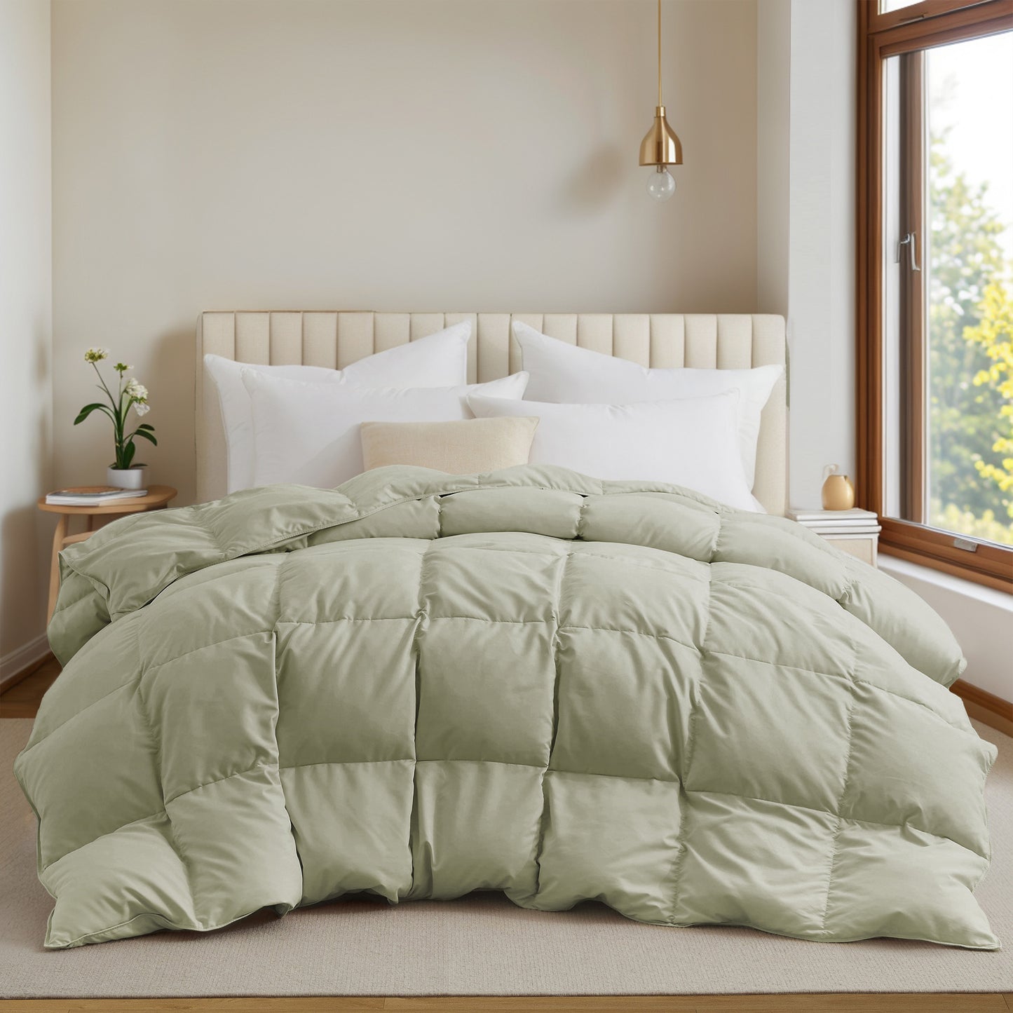 UNIKOME California Size Goose Feather Down Fiber Comforter, All Season Duvet Insert with Soft Downproof Cover, Fluffy Hotel Collection Bed Comforter with Corner Tabs (Sage Green, 108" X 94")