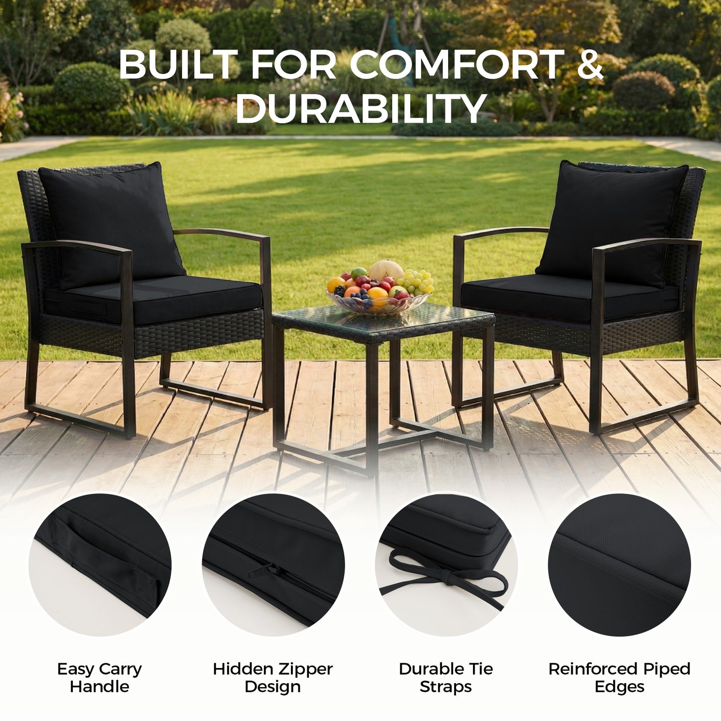 UNIKOME 19x19x3 Inch Outdoor Chair Cushions Set -  Waterproof Patio Cushions for Outdoor Furniture with Removable Cover, Ties & Handle, Deep Seat Patio Cushions for Sofa Couch - Black