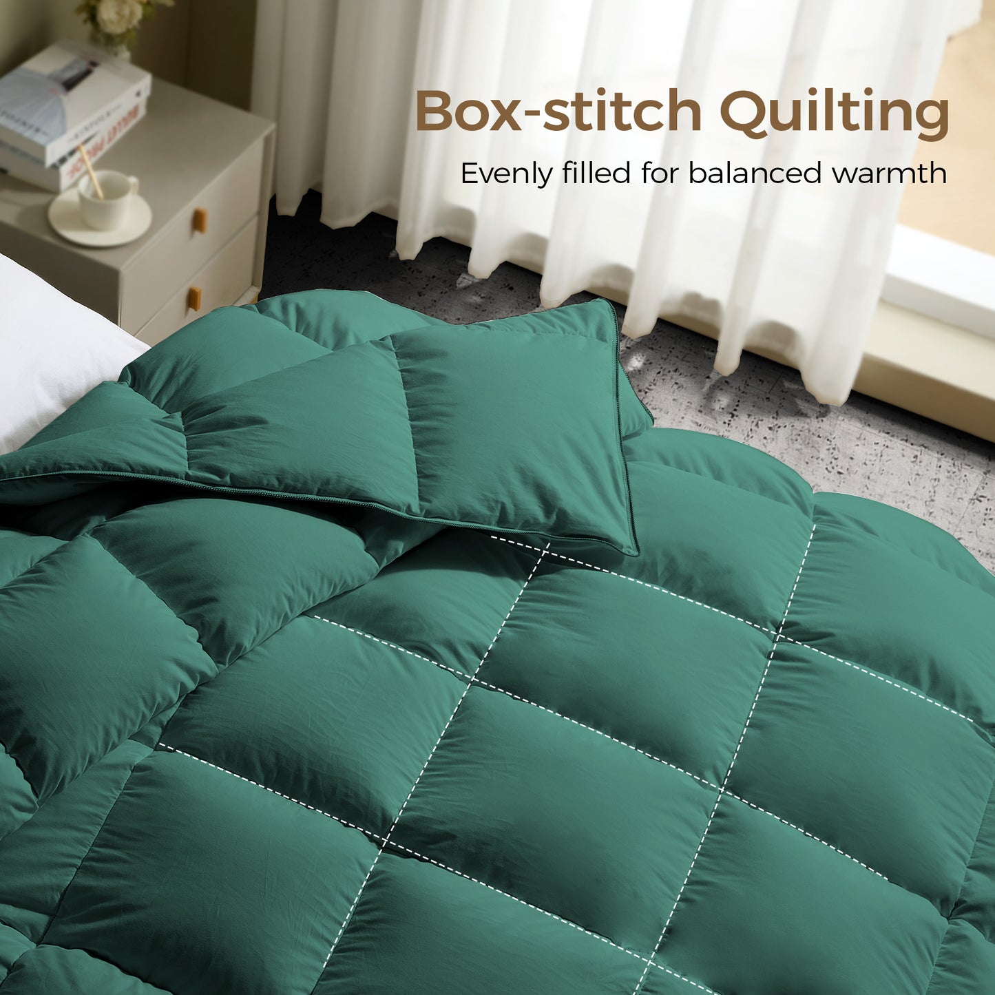 UNIKOME Goose Feather Down Fiber Comforter King Size, All Season Duvet Insert with Soft Downproof Cover, Medium Warm Hotel-Luxury Fluffy Quilted Bed Comforter (104"X88", Green)