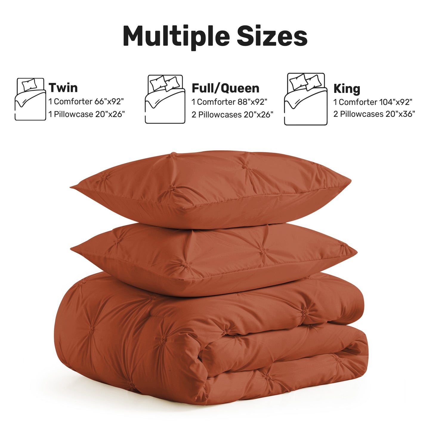 UNIKOME Queen Comforter Set Burnt Orange - Lightweight Soft Pintuck Down Alternative Bedding Set for Summer, All Seasons, 3 Pieces Pinch Pleat Solid Bed Set with Comforter, 2 Pillowcases