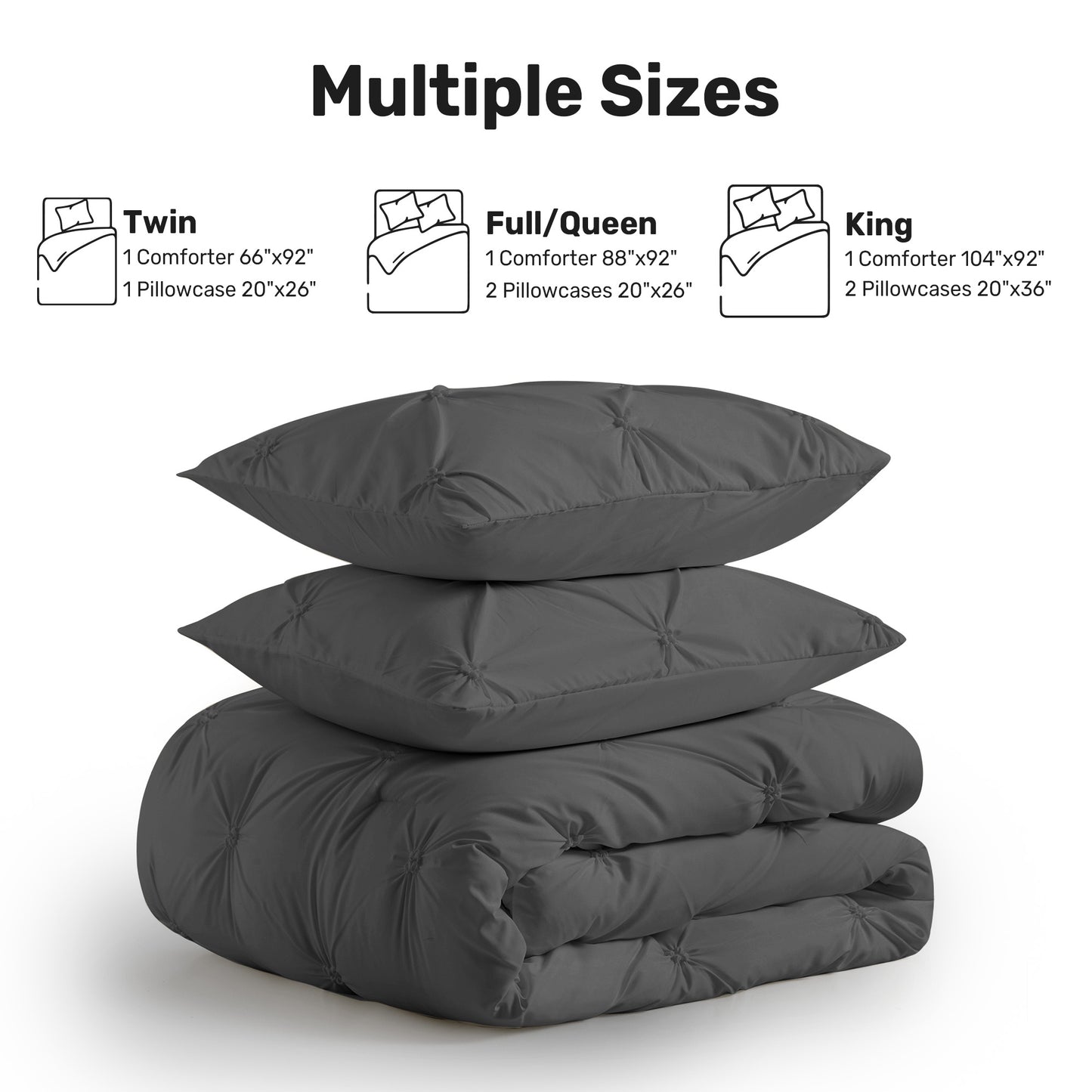 UNIKOME King Comforter Set Dark Gray - Ultra Soft Boho Pintuck Down Alternative Bedding Set for Winter, All Seasons, 3 Pieces Lightweight Warm Pinch Pleat Bed Set with Comforter, 2 Pillowcases