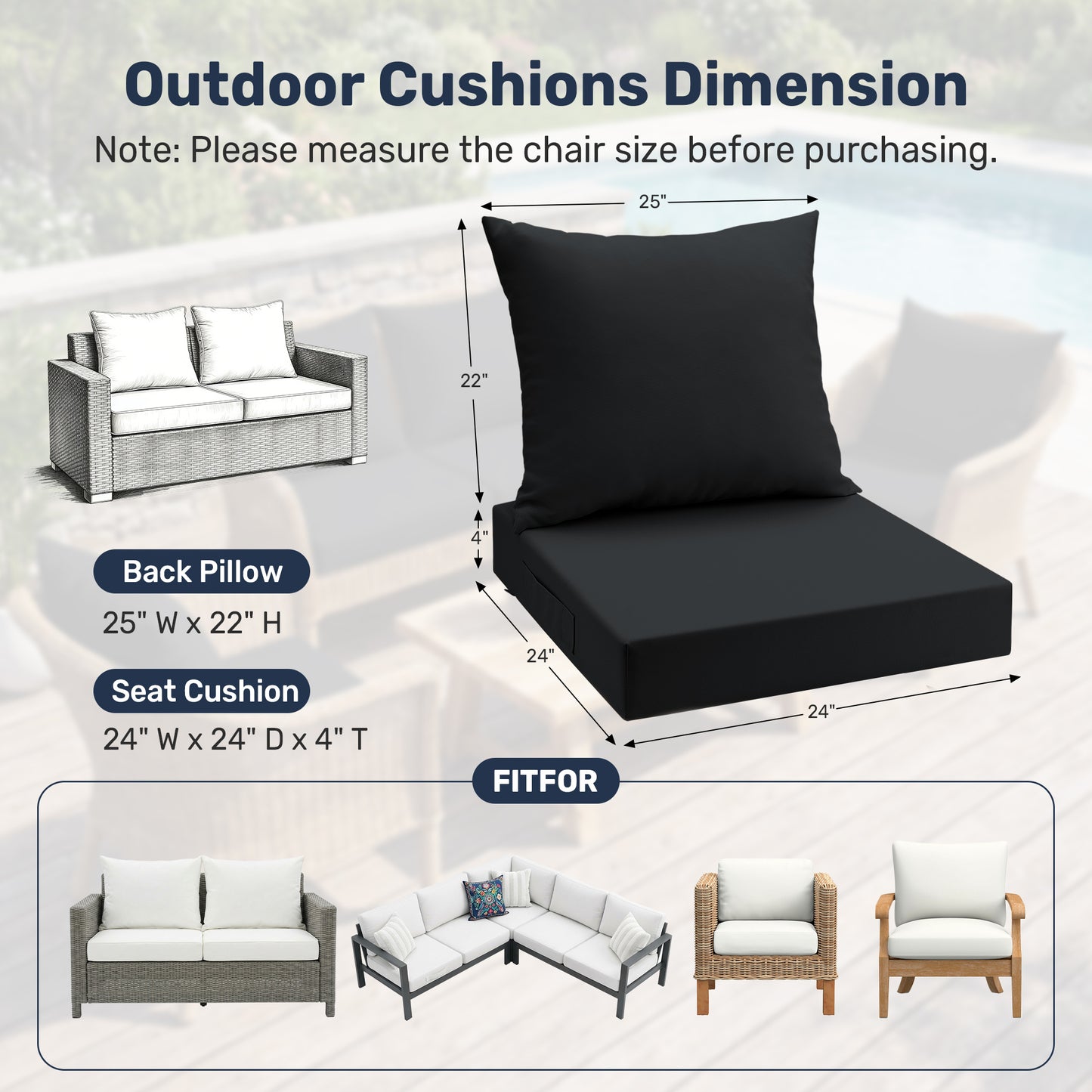 UNIKOME Outdoor Seat Cushions 24 X 24 Inch - Removable Cover, Fade Resistant & Water-resistant Patio Furniture Cushions for Chair, Sofa, Couch, Wicker